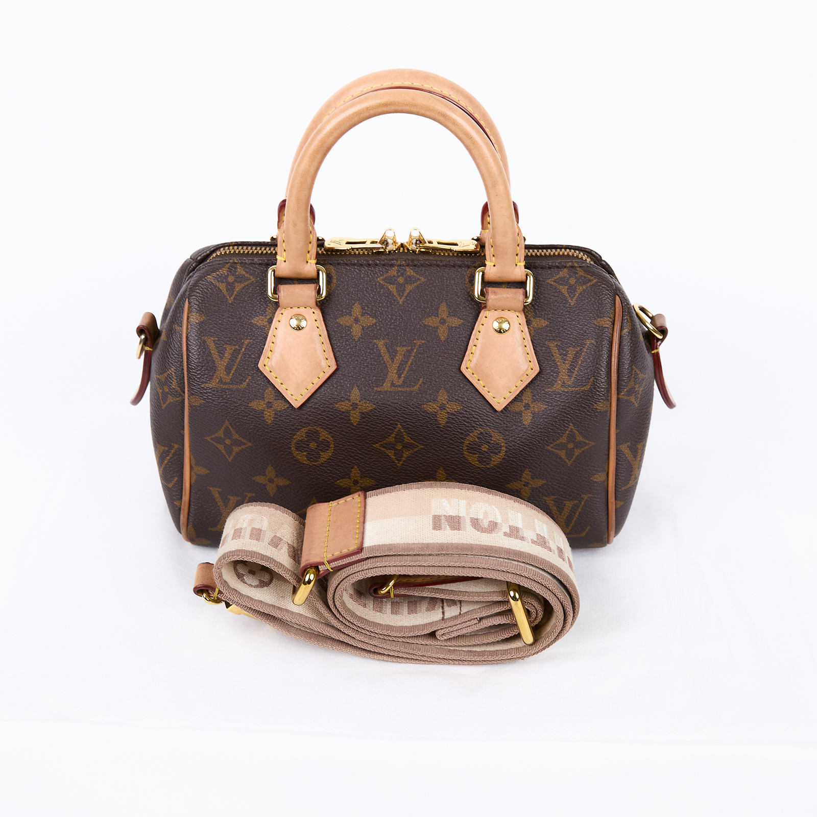 路易威登 LOUIS VUITTON Speedy Bandoulière 20 米色 帆布 手提 斜背 波士頓包 M46222 晶片款  背帶
