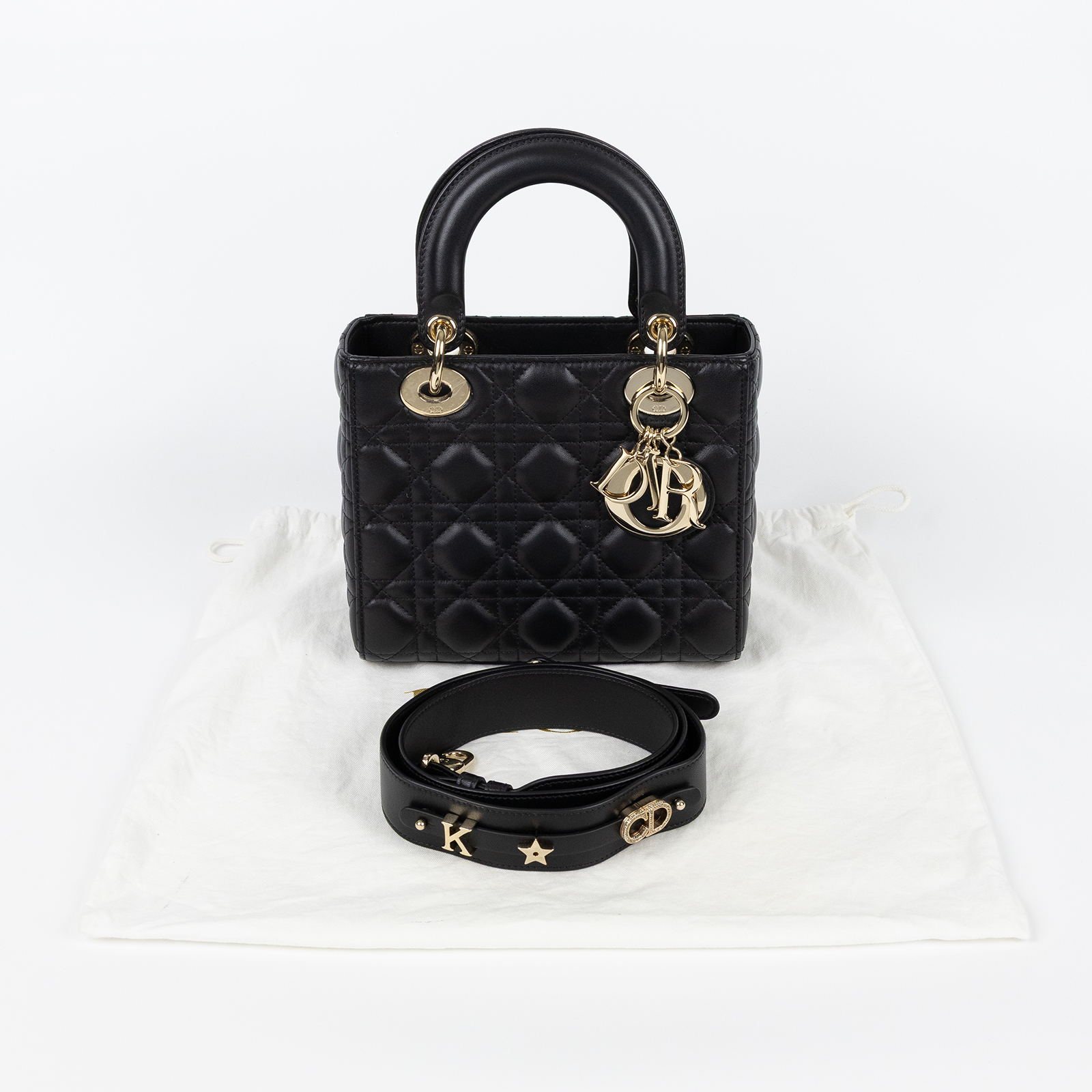 迪奧 CHRISTIAN DIOR Lady Dior My ABCDior 小型 肩背 手提包 羊皮  黑金LADY DIOR 5X4 背帶/防塵袋