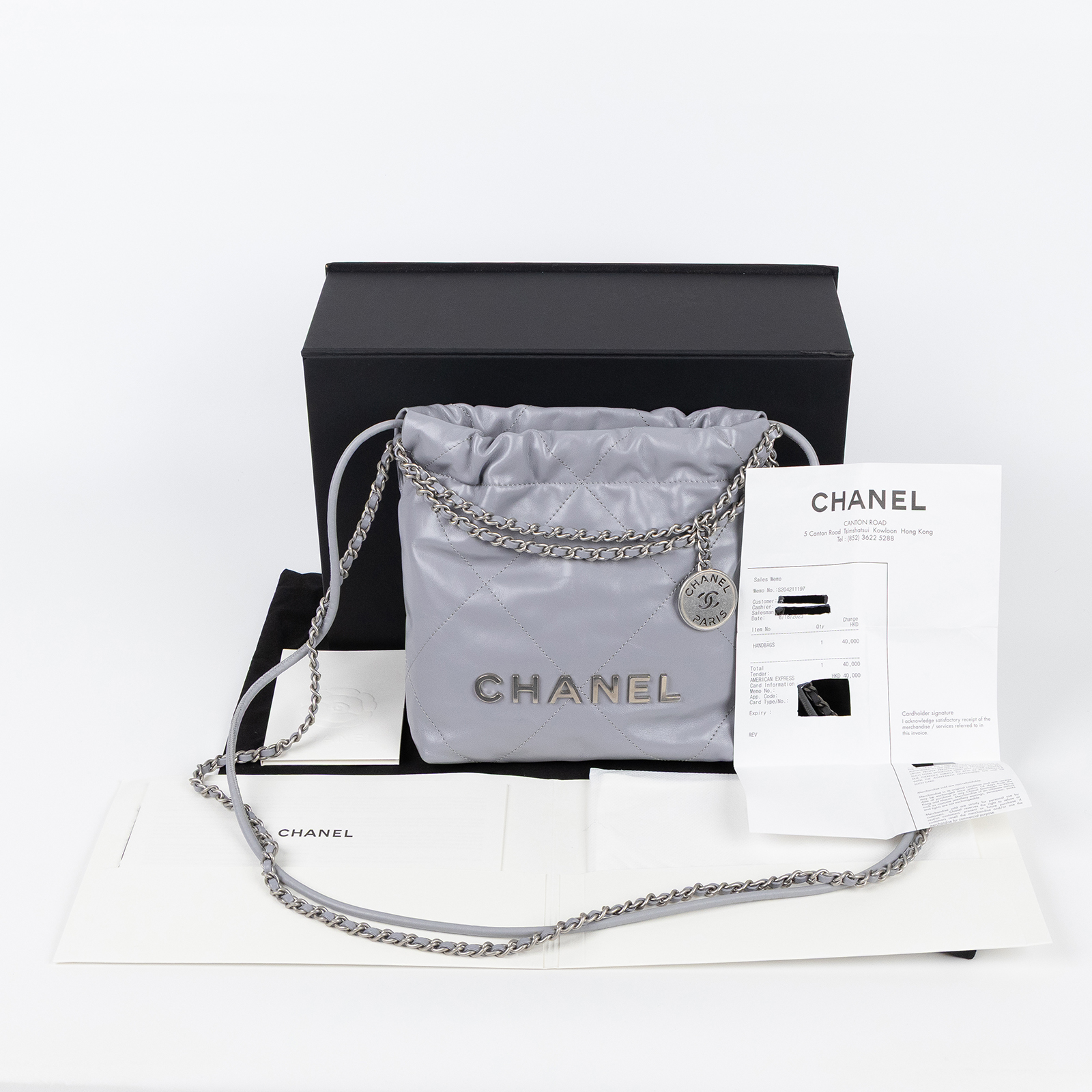 香奈兒 CHANEL 22 迷你 束口包 AS3980 B08872 晶片款 灰藍銀22包MINI 原廠盒子/防塵袋/購買證明影本