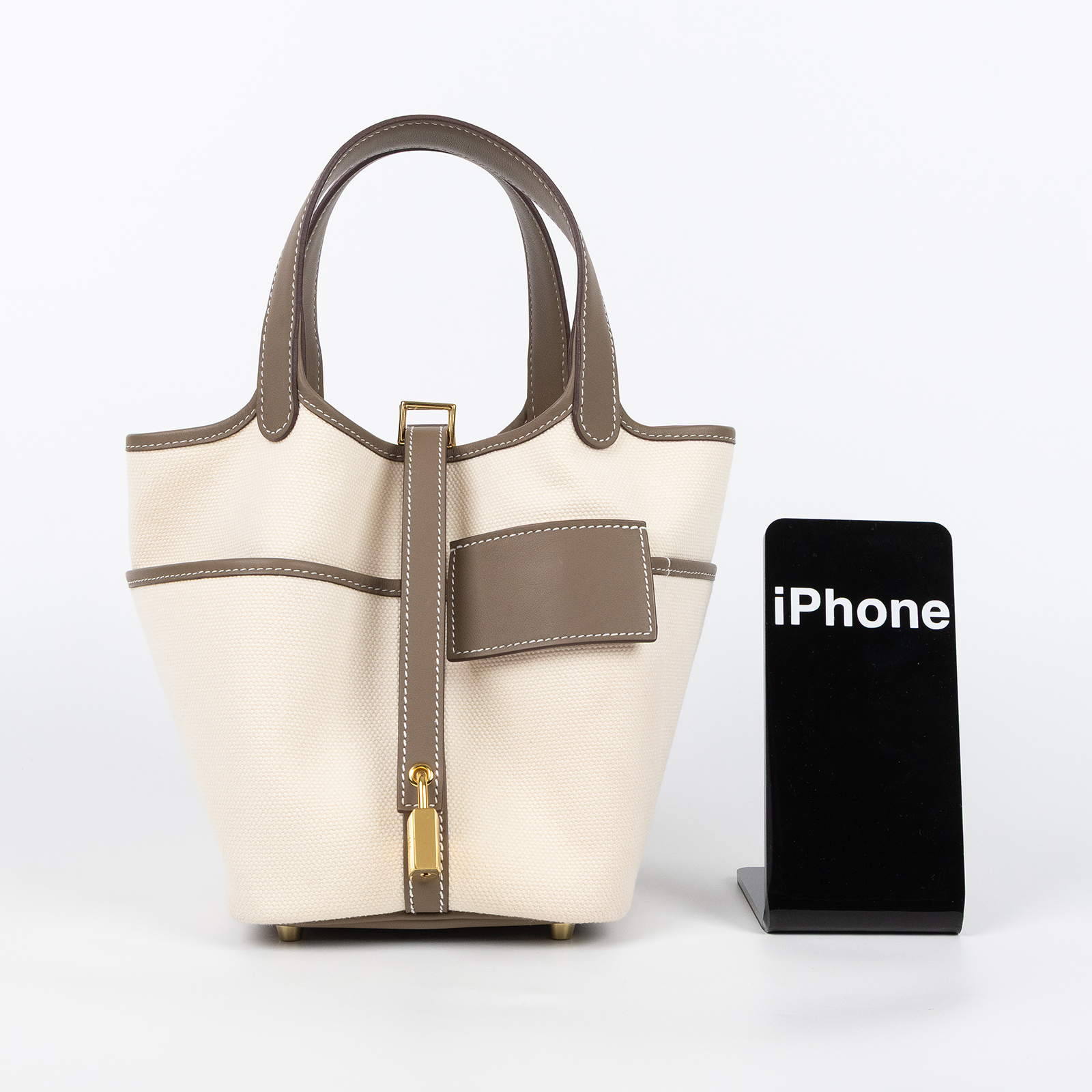 愛馬仕 Hermes Picotin Lock 18 菜籃子包 金色五金 米色 大象灰色 H083189CCAX K MI 003 IA  鎖組
