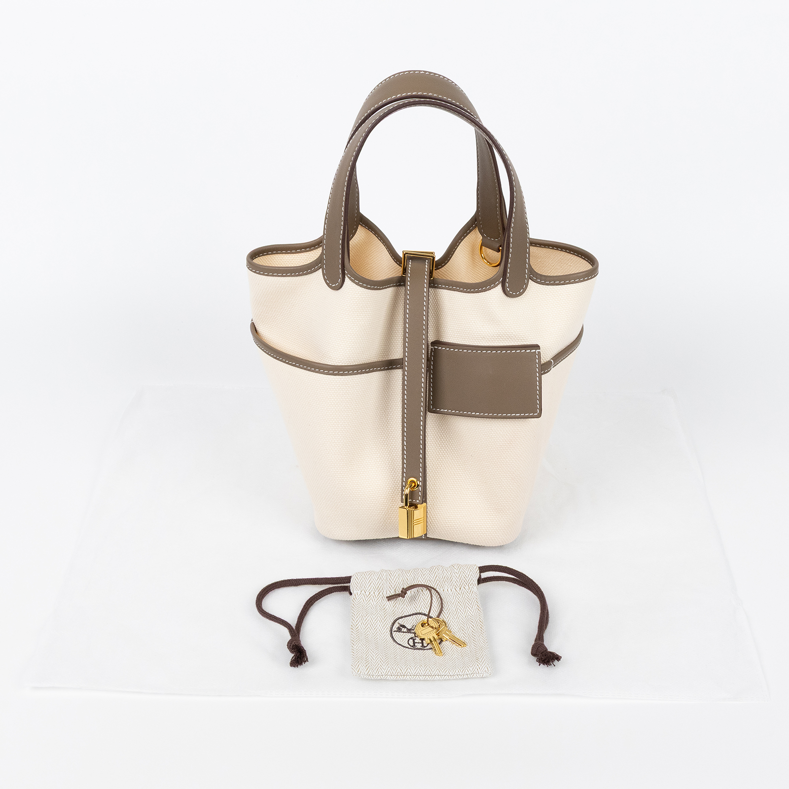 愛馬仕 Hermes Picotin Lock 18 菜籃子包 金色五金 米色 大象灰色 H083189CCAX K MI 003 IA  鎖組