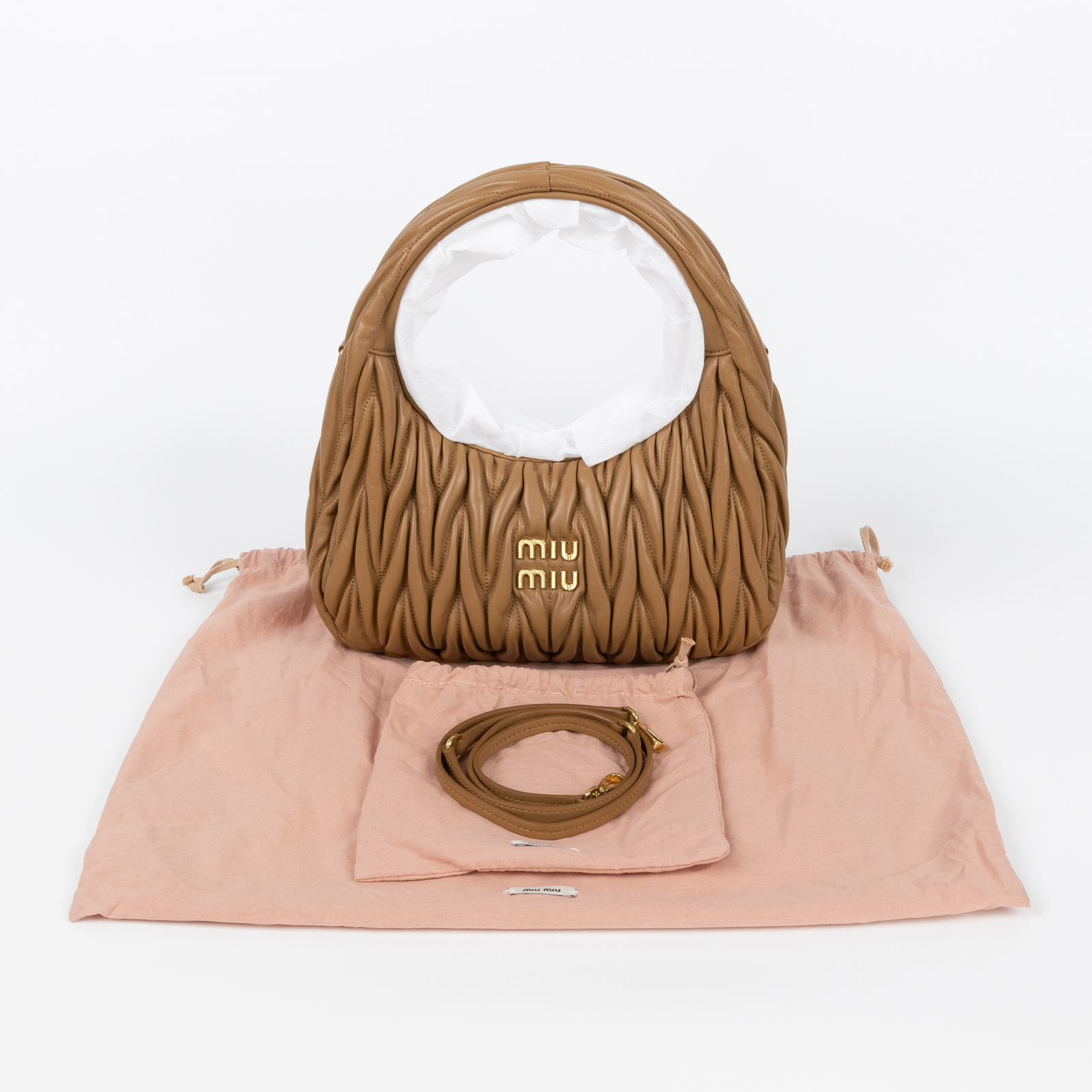 繆繆 MIU MIU Wander Hobo包 5BC153_N88 焦糖色WANDER MATELASSE HOBO 中號 防塵袋/背帶