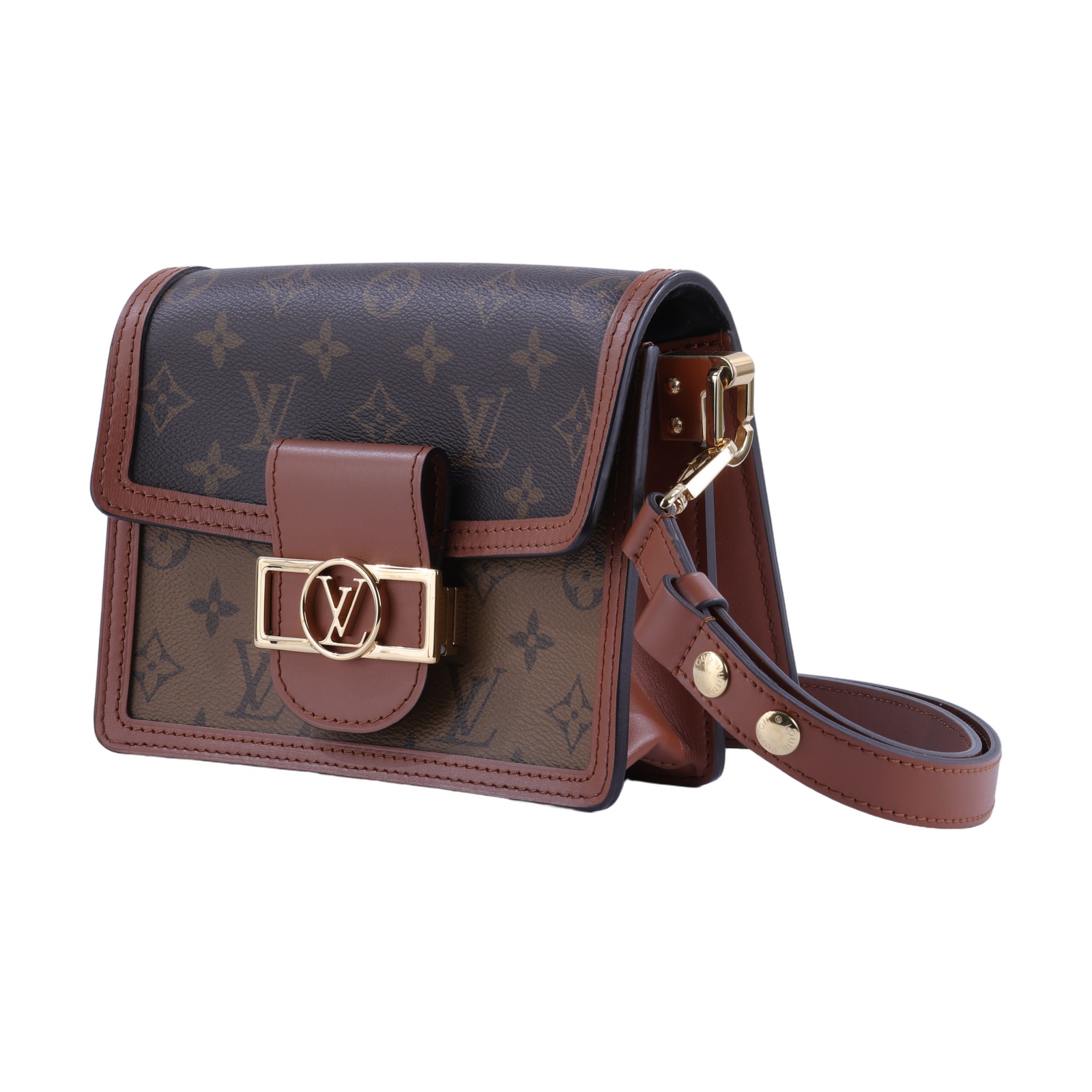 路易威登 LOUIS VUITTON Mini Dauphine 達芙妮 Reverse皮革飾邊 帆布肩背 斜背包 M45959 晶片款  原廠盒子/防塵袋/背帶