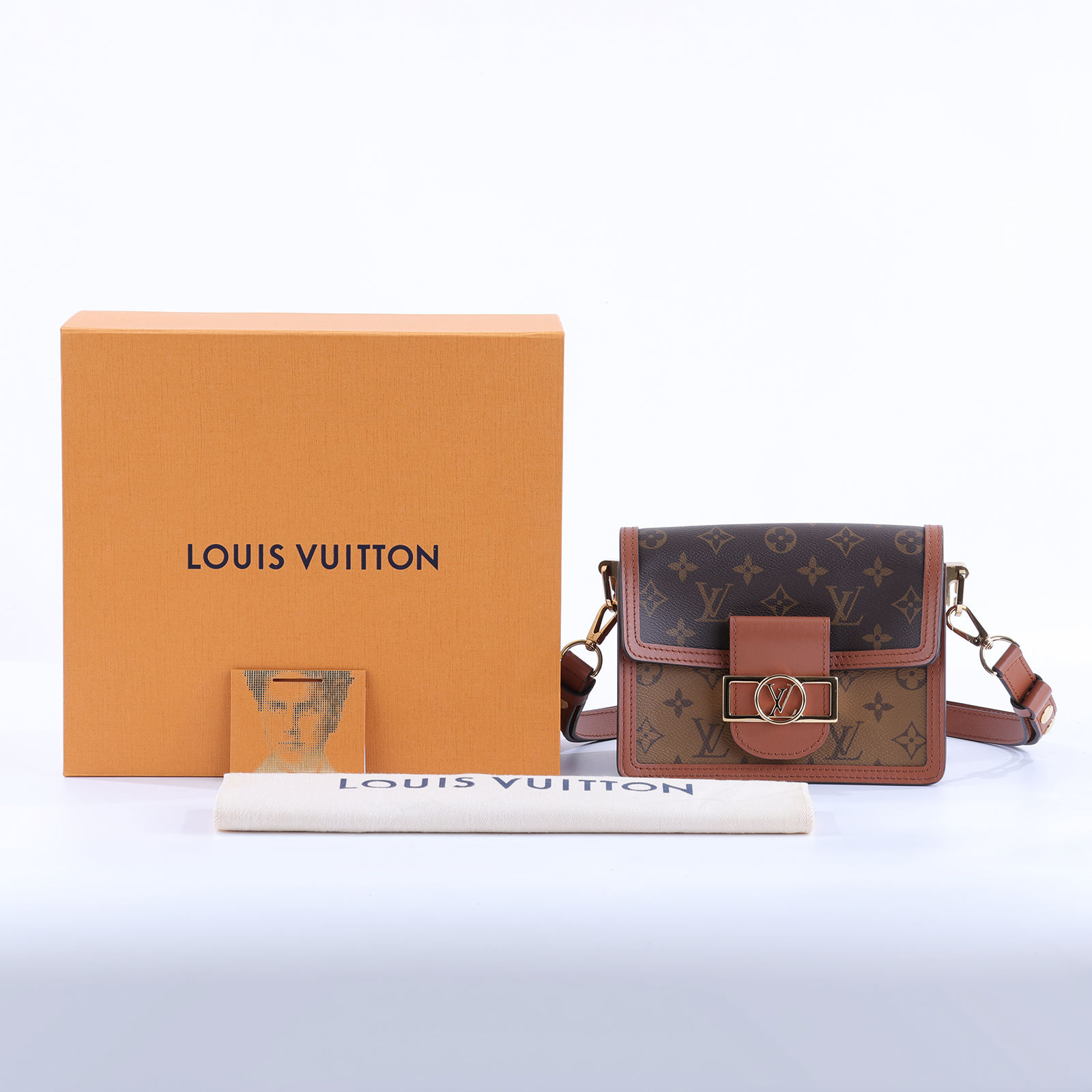 路易威登 LOUIS VUITTON Mini Dauphine 達芙妮 Reverse皮革飾邊 帆布肩背 斜背包 M45959 晶片款  原廠盒子/防塵袋/背帶