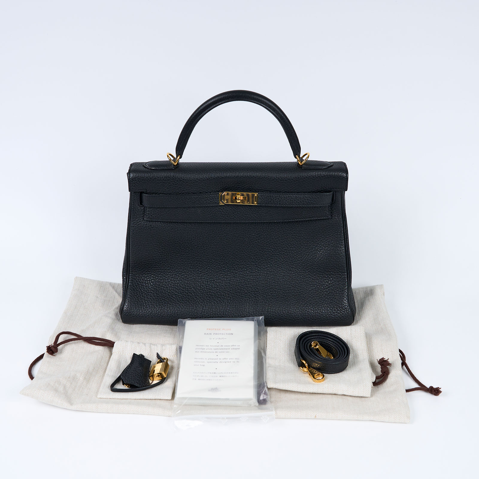愛馬仕 Hermes Kelly Bag 凱莉包 32 KL32 T 010 AB T刻黑金KELLY 32 防塵袋/鎖組/背帶/雨衣