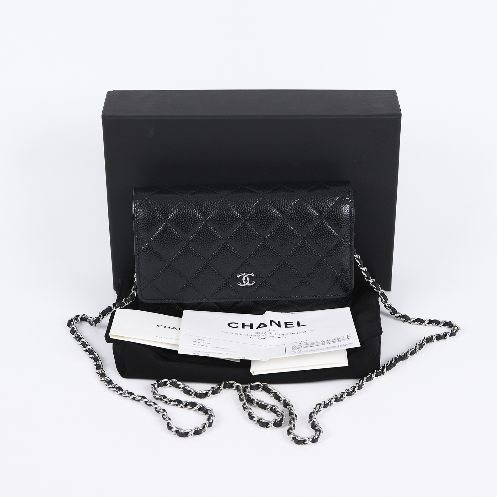 香奈兒 CHANEL 經典鏈子皮夾 菱格紋 CC LOGO AP0250 晶片款 黑銀荔枝WOC 防塵袋/原廠盒子/韓國購買證明正本