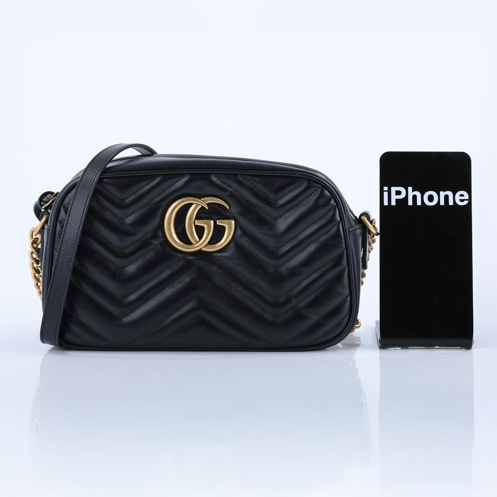 古馳 GUCCI GG Marmont 小型 絎縫 肩揹袋 447632 黑金MARMONT相機包 原廠盒子/防塵袋