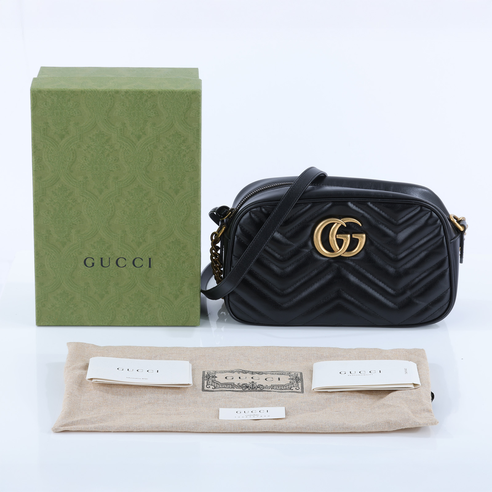 古馳 GUCCI GG Marmont 小型 絎縫 肩揹袋 447632 黑金MARMONT相機包 原廠盒子/防塵袋