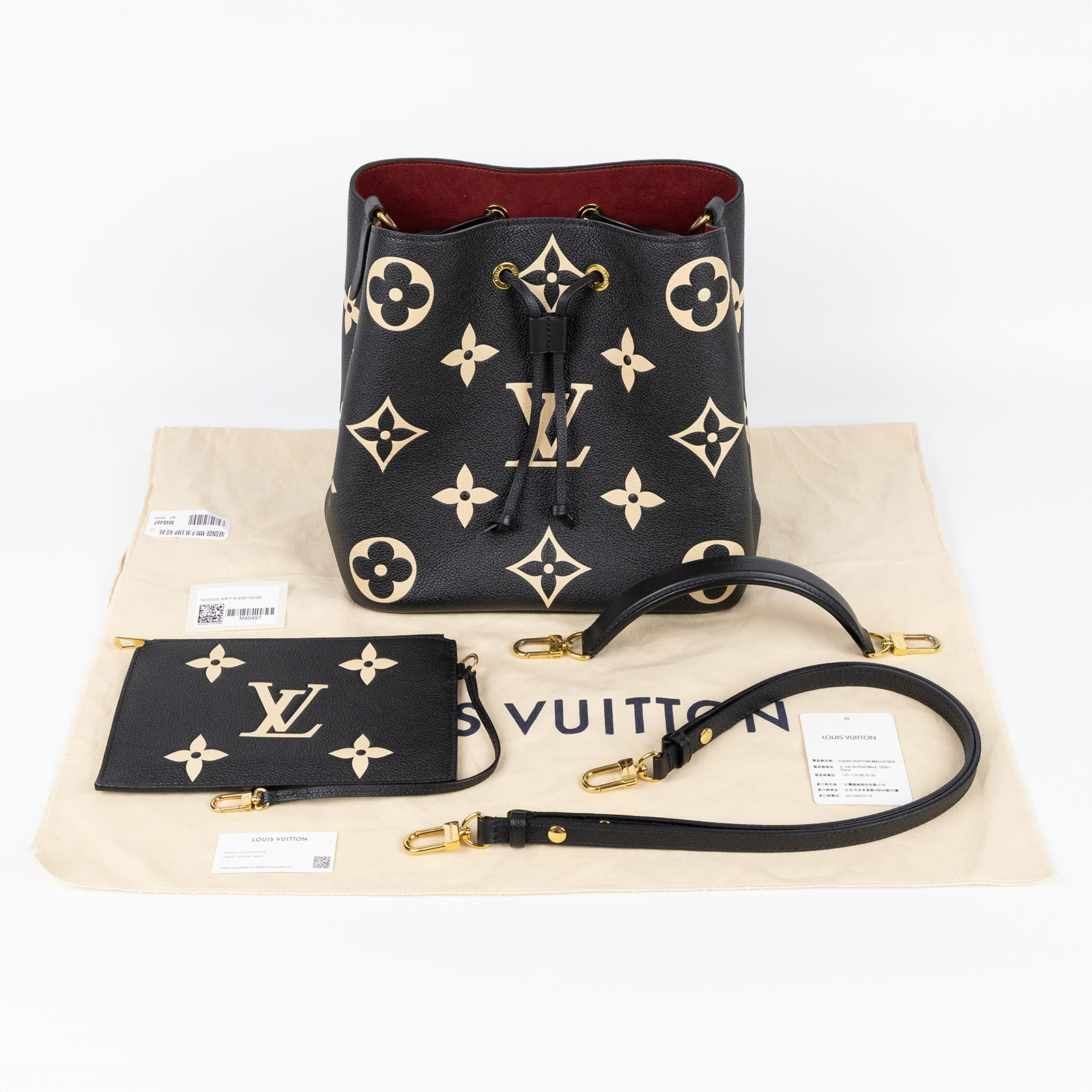 路易威登 LOUIS VUITTON NéoNoé MM 皮革 肩背 水桶包 黑色/奶油色 M45497 晶片款 黑NEONOE MM 防塵袋