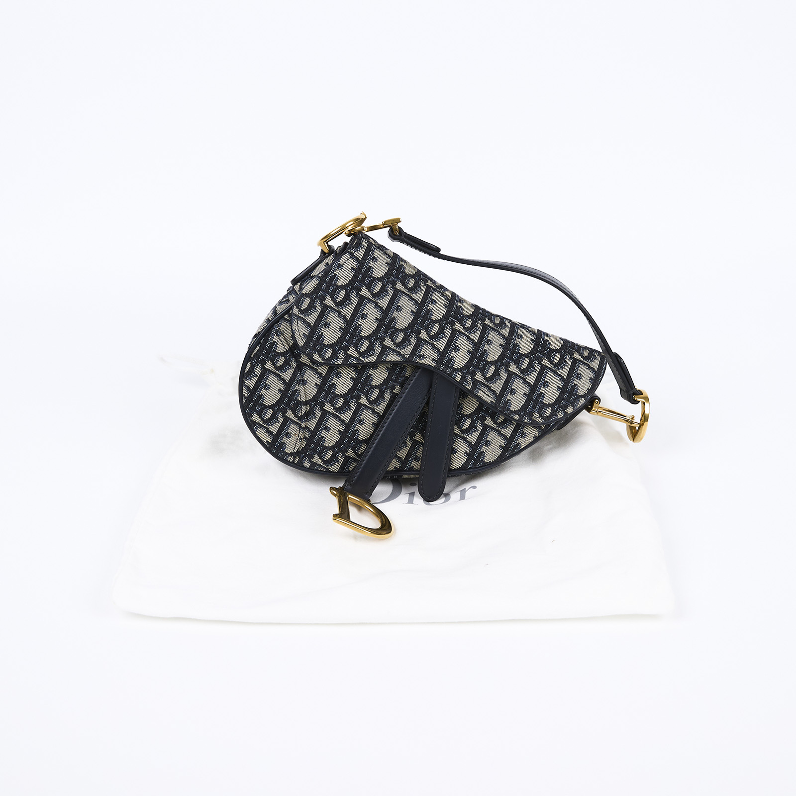 迪奧 CHRISTIAN DIOR Saddle 迷你 馬鞍包 手提 肩背包 藍色 緹花 M0456CTZQ OBLIQUE SADDLE MINI 防塵袋