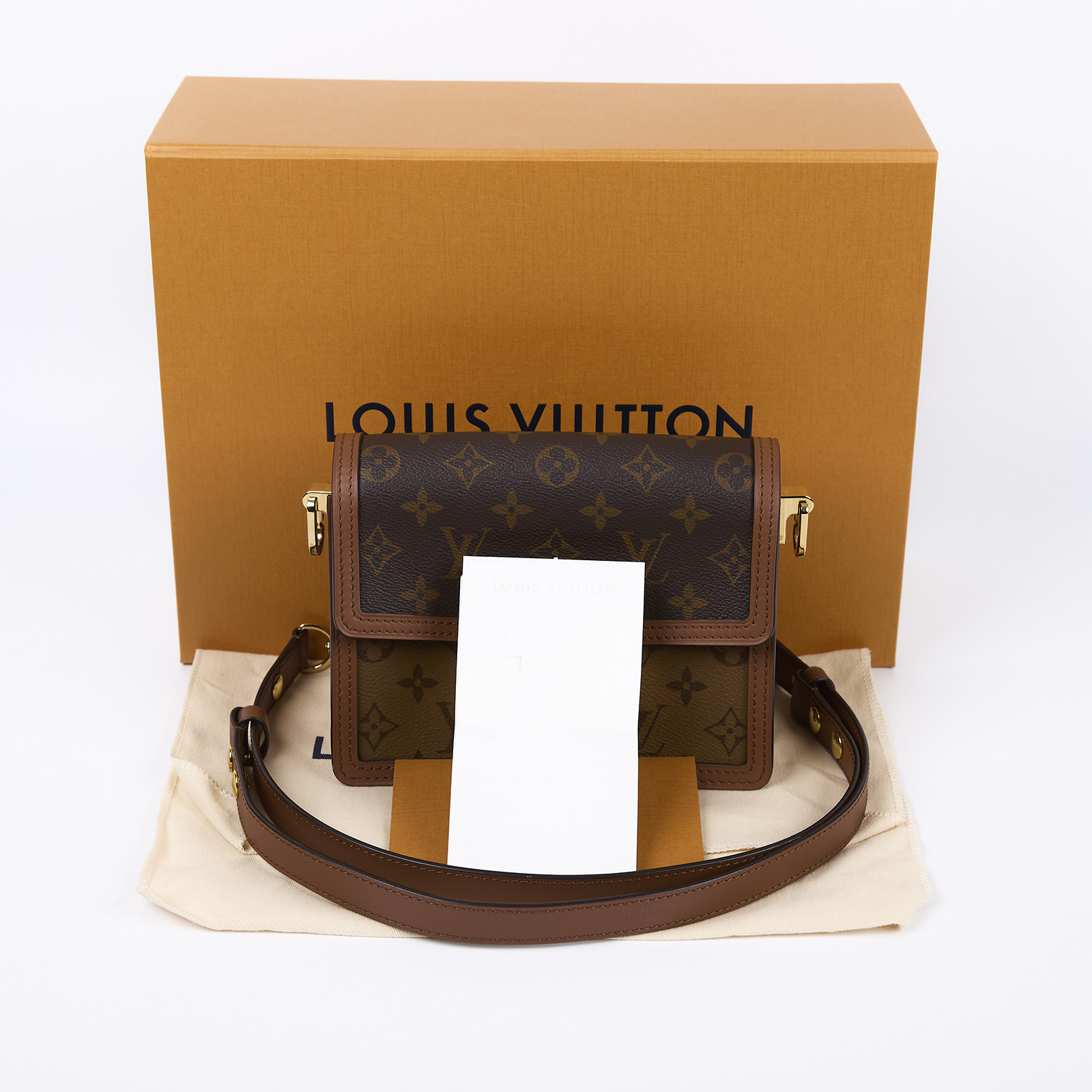 路易威登 LOUIS VUITTON Mini Dauphine 達芙妮 Reverse皮革飾邊 帆布肩背 斜背包 M45959 晶片款  防塵袋/原廠盒子/購買證明正本