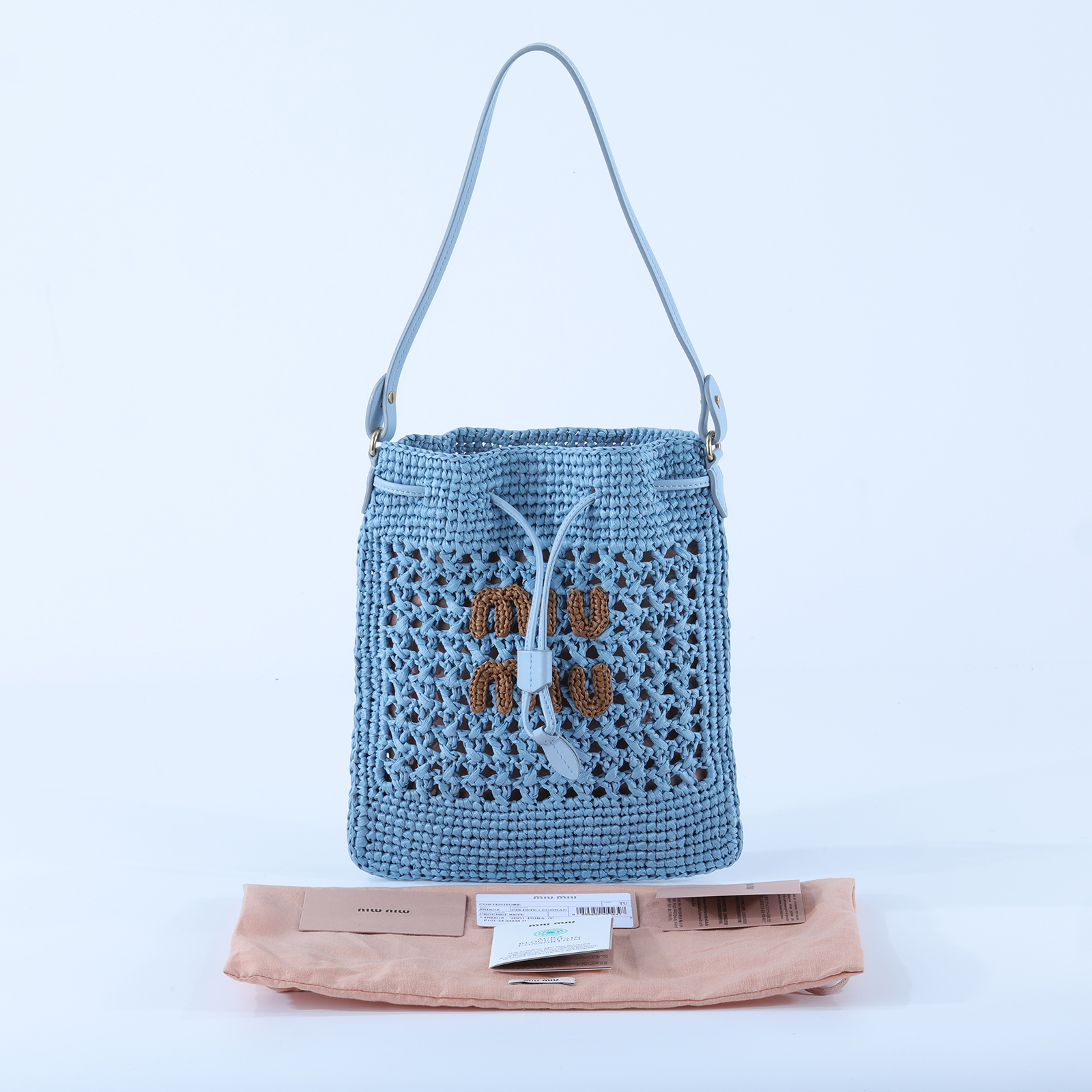 繆繆 MIU MIU 編織迷你包 5ND016_2DO1 藍底咖LOGO編織手提包 防塵袋