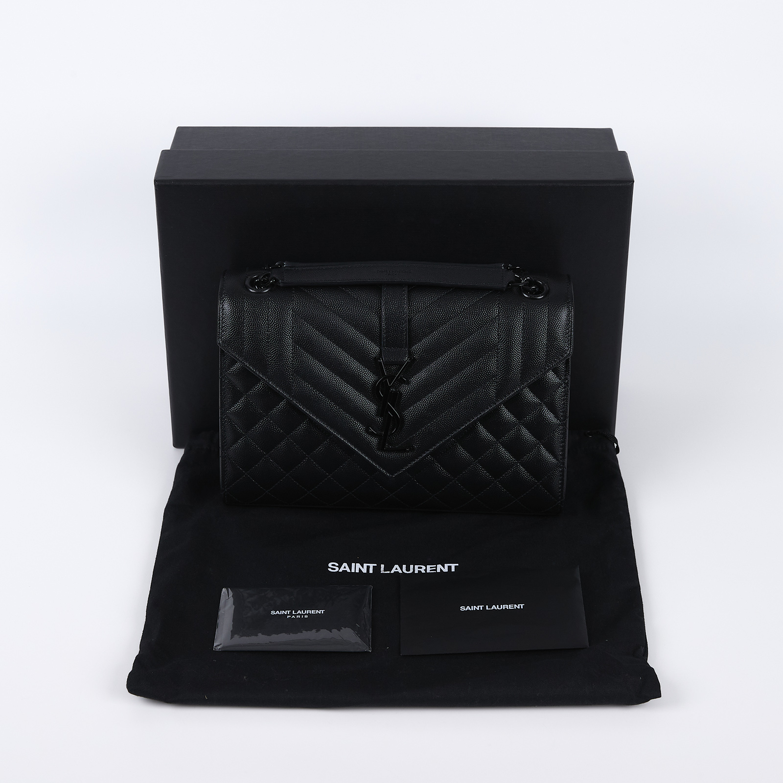 聖羅蘭 YSL SAINT LAURENT Envelope 粒面絎縫皮革 中型 信封袋 黑色五金 600185BOW98 全黑學院包 原廠盒子/防塵袋