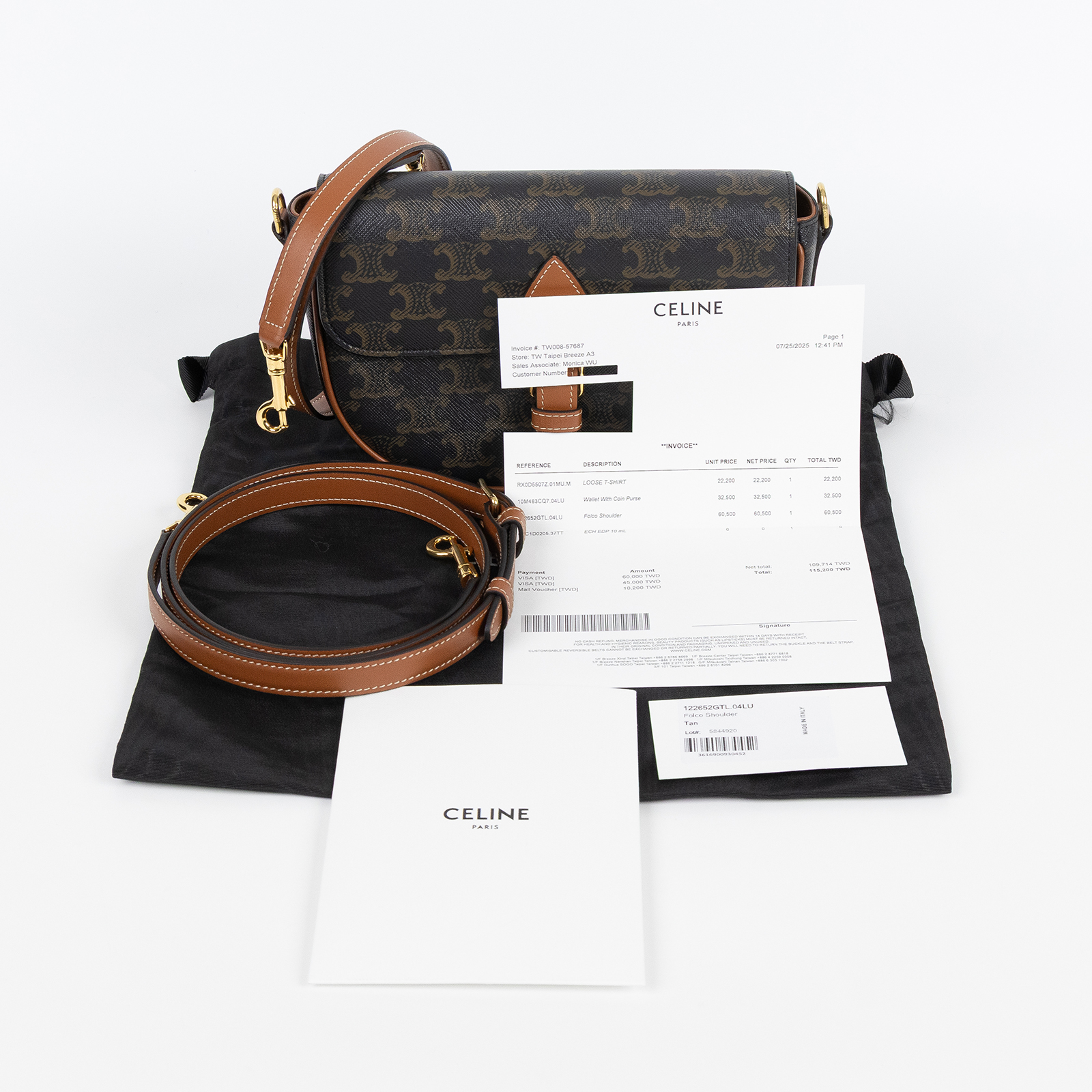 思琳 CELINE Folco 標誌印花 牛皮革 肩揹袋 122652GTL 棕凱旋門FOLCO SHOULDER 防塵袋/購買證明正本/保證卡/背帶2