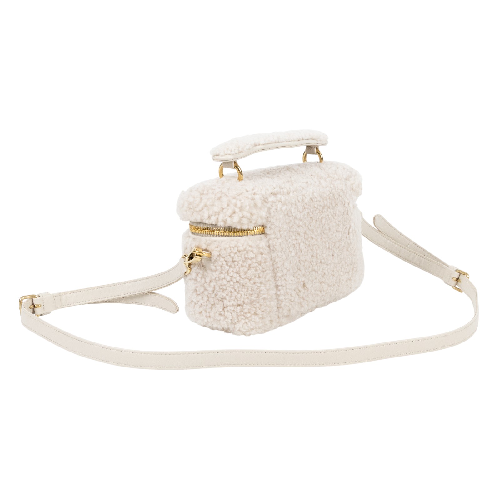 繆繆 MIU MIU 皮革細節綴飾 羊毛 肩背袋 5BH226_2F7T 白羊毛MONTONE 2WAY化妝盒 原廠盒子/防塵袋2/背帶/購買證明正本