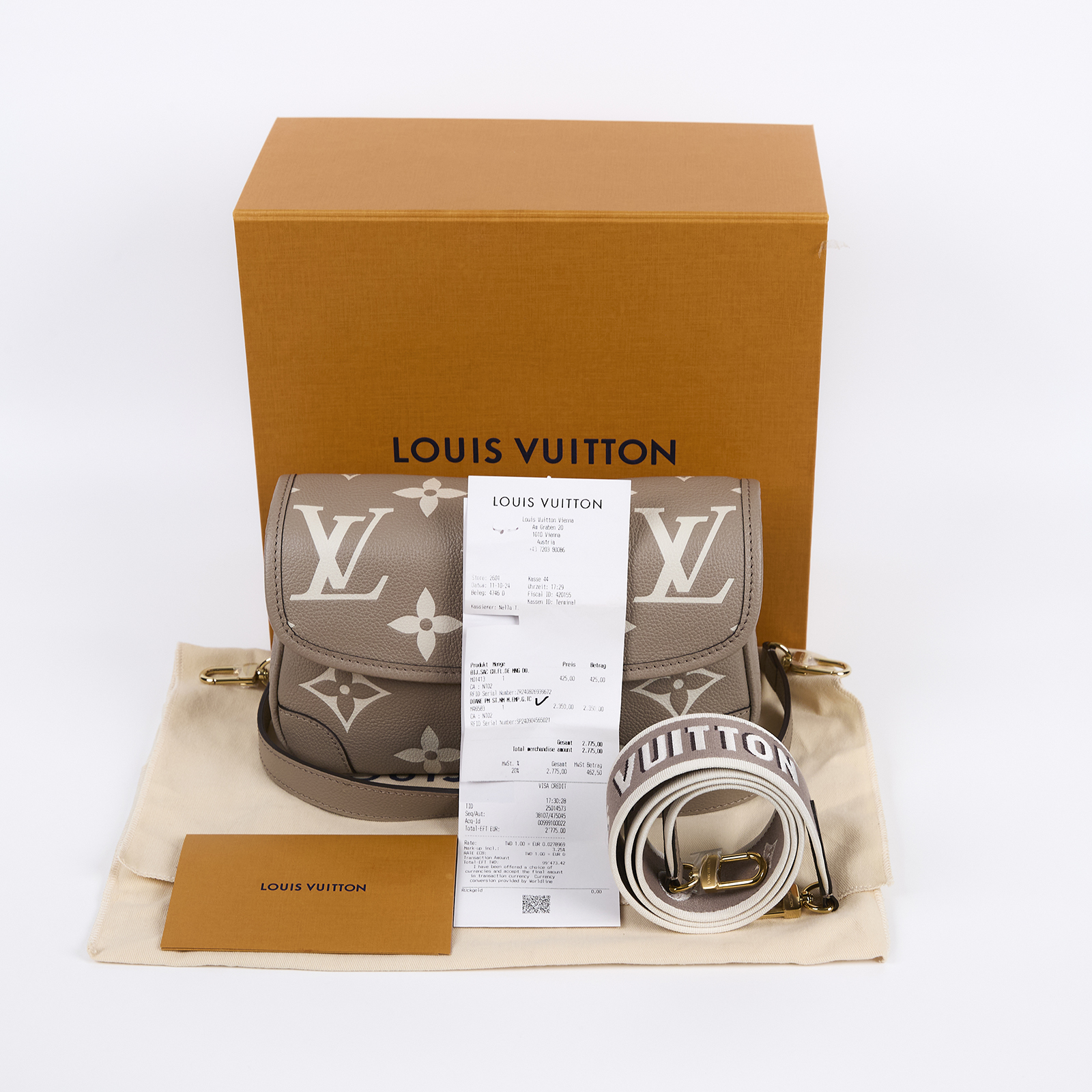 路易威登 LOUIS VUITTON Diane 腋下包法棍 單肩背包 斑鳩灰 奶油色 M46583 晶片款  背帶2/購買證明正本/原廠盒子/防塵袋