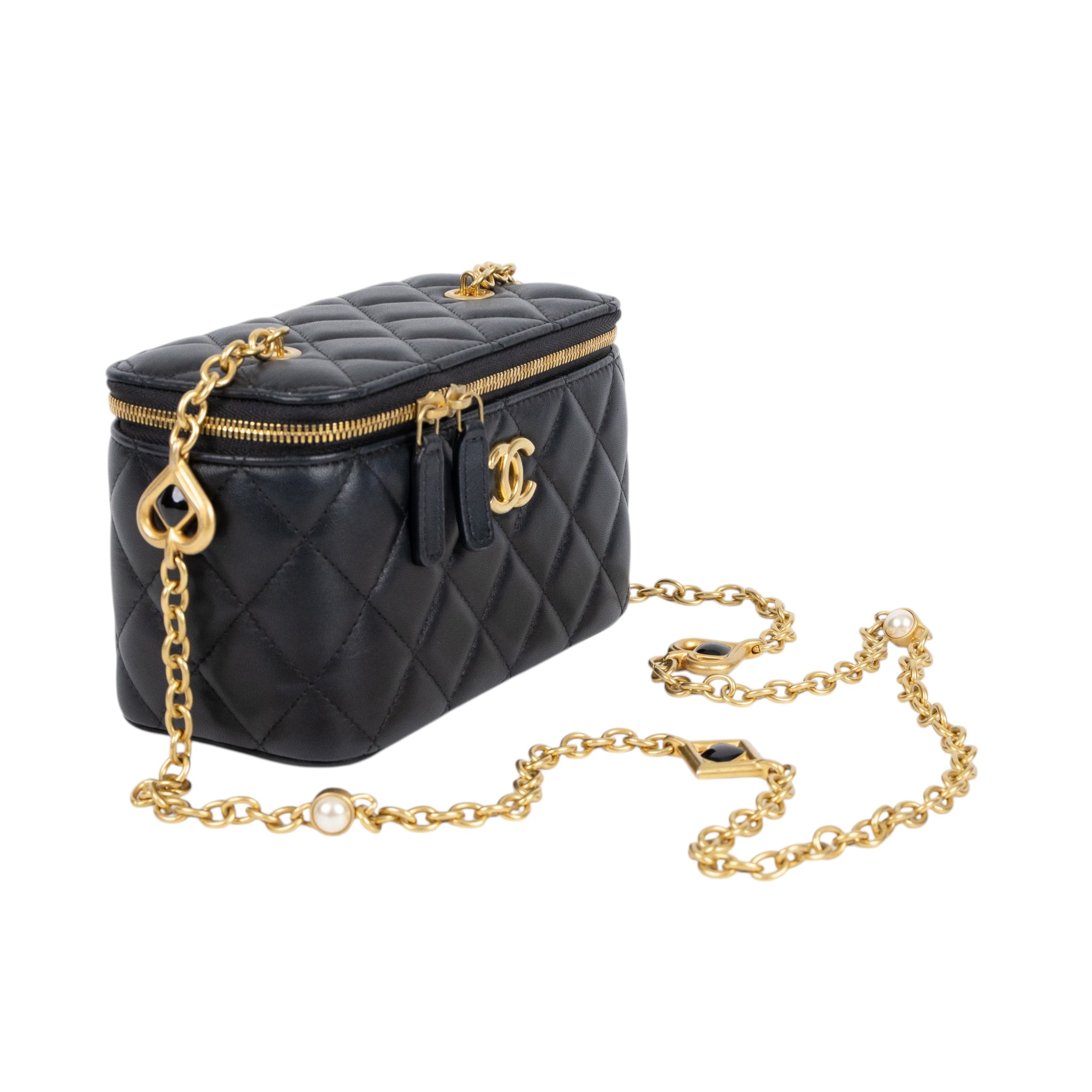 香奈兒 CHANEL CC LOGO 化妝盒 化妝箱 斜背包 Vanity Case AP3258 晶片款 黑金羊黑桃愛心珍珠鏈VANITY CASE 防塵袋/原廠盒子