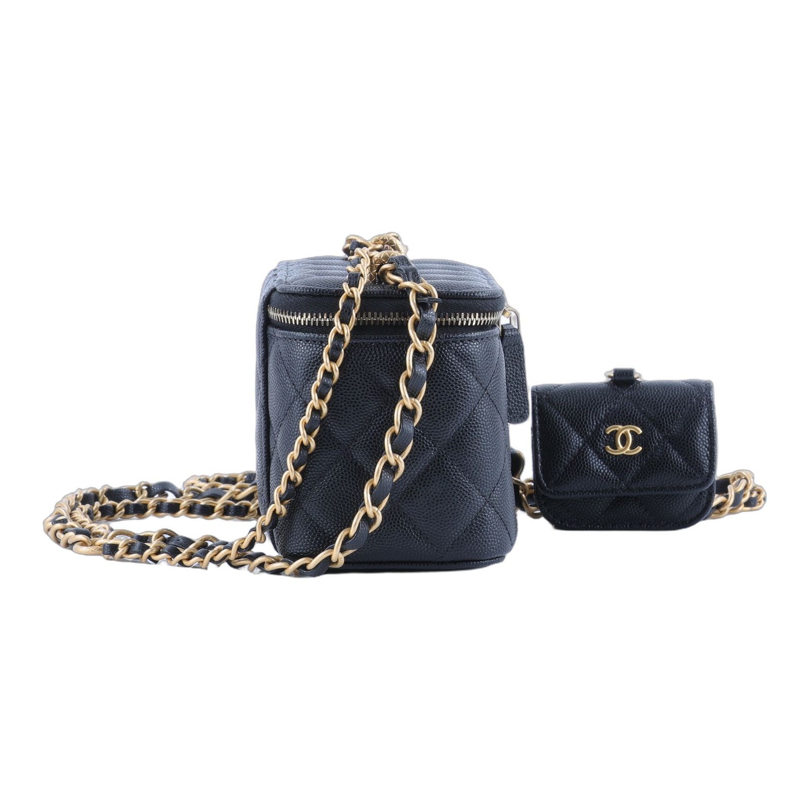 香奈兒 CHANEL Vanity 化妝箱 肩背包 AP3376 B12910 晶片款 黑金荔枝長化妝盒附小包 子包/防塵袋/原廠盒子/購買證明正本