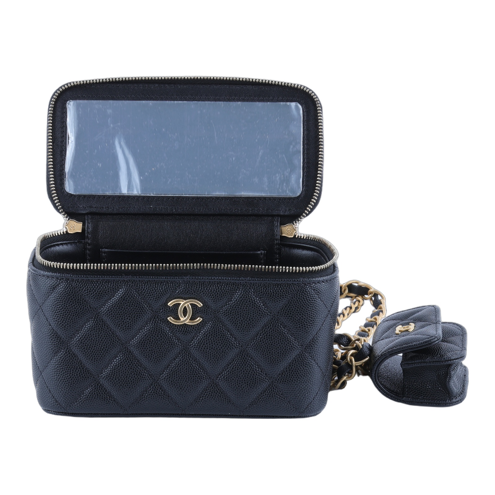 香奈兒 CHANEL Vanity 化妝箱 肩背包 AP3376 B12910 晶片款 黑金荔枝長化妝盒附小包 子包/防塵袋/原廠盒子/購買證明正本