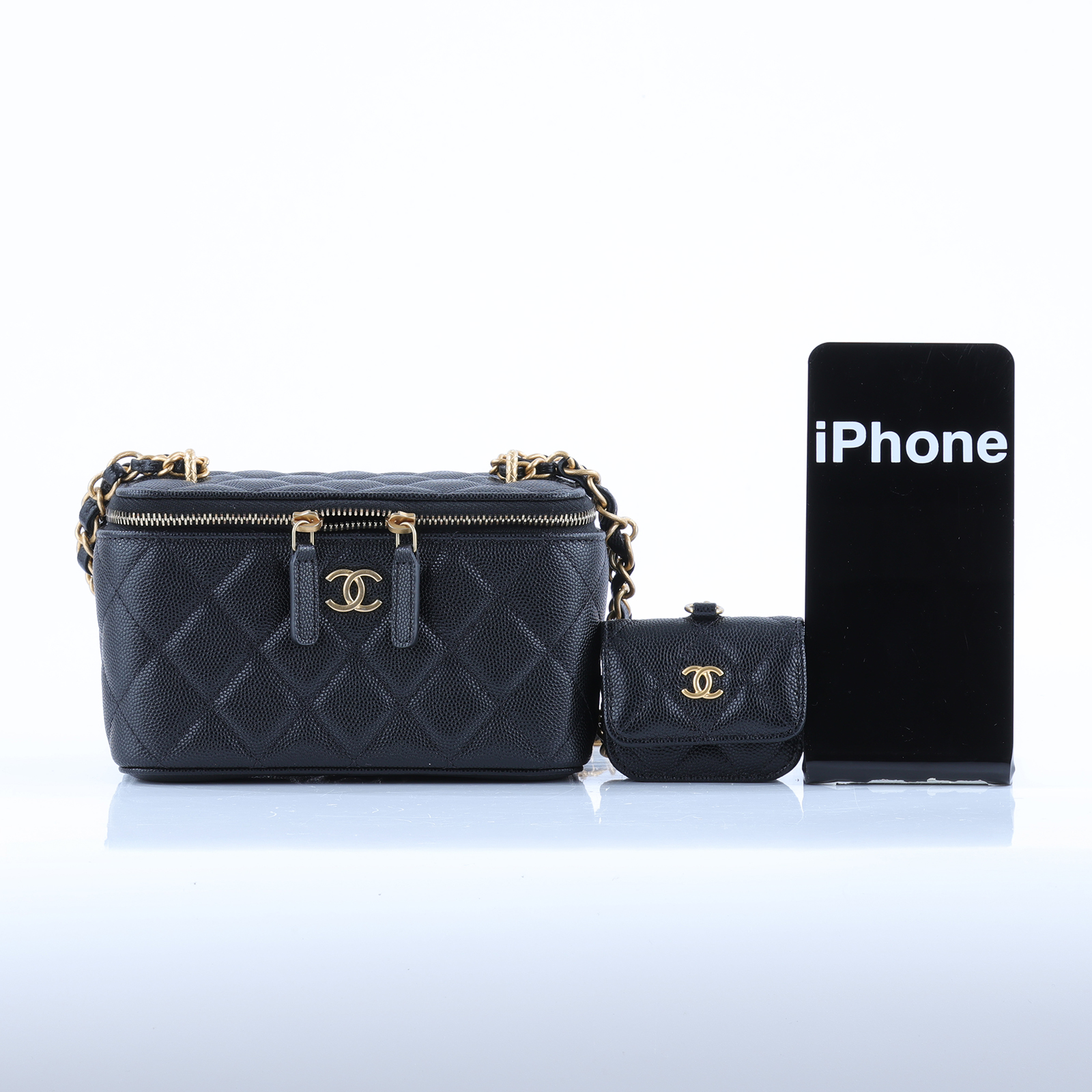 香奈兒 CHANEL Vanity 化妝箱 肩背包 AP3376 B12910 晶片款 黑金荔枝長化妝盒附小包 子包/防塵袋/原廠盒子/購買證明正本