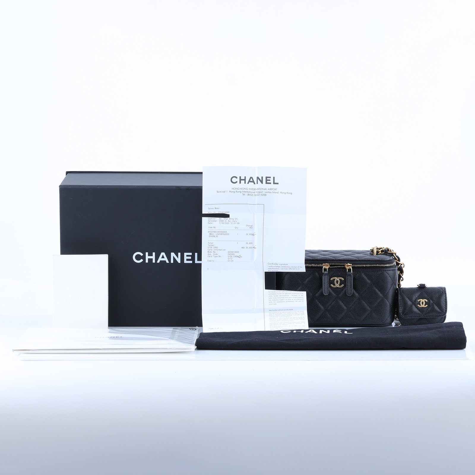 香奈兒 CHANEL Vanity 化妝箱 肩背包 AP3376 B12910 晶片款 黑金荔枝長化妝盒附小包 子包/防塵袋/原廠盒子/購買證明正本