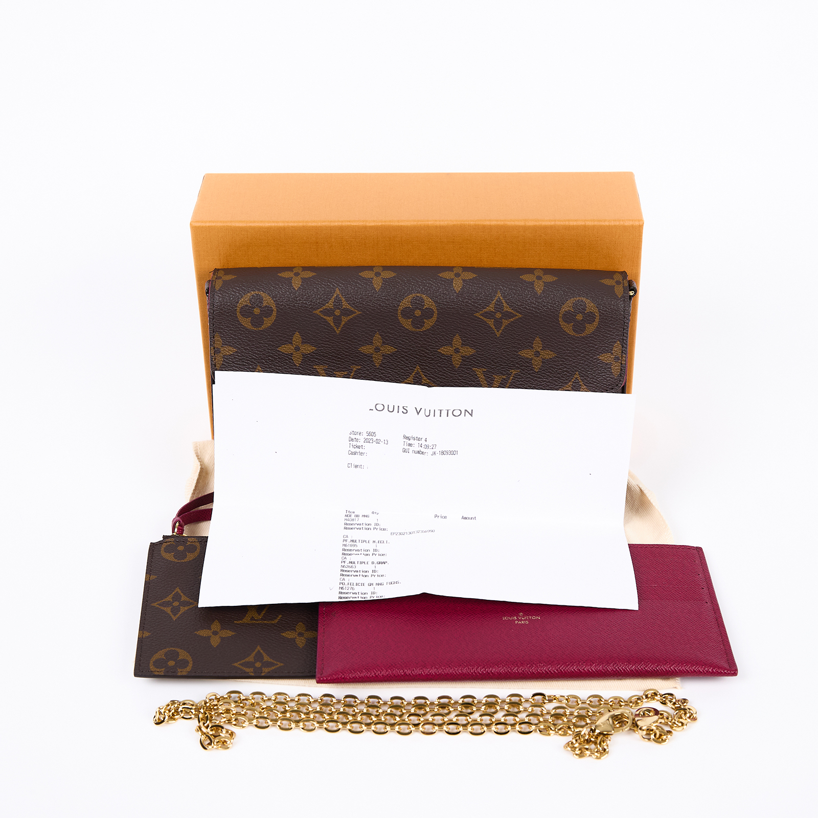 路易威登 LOUIS VUITTON Pochette Félicie 三合一鏈條包 紫紅色 M61276 晶片款  原廠盒子/防塵袋/購買證明影本/內袋2/鏈帶