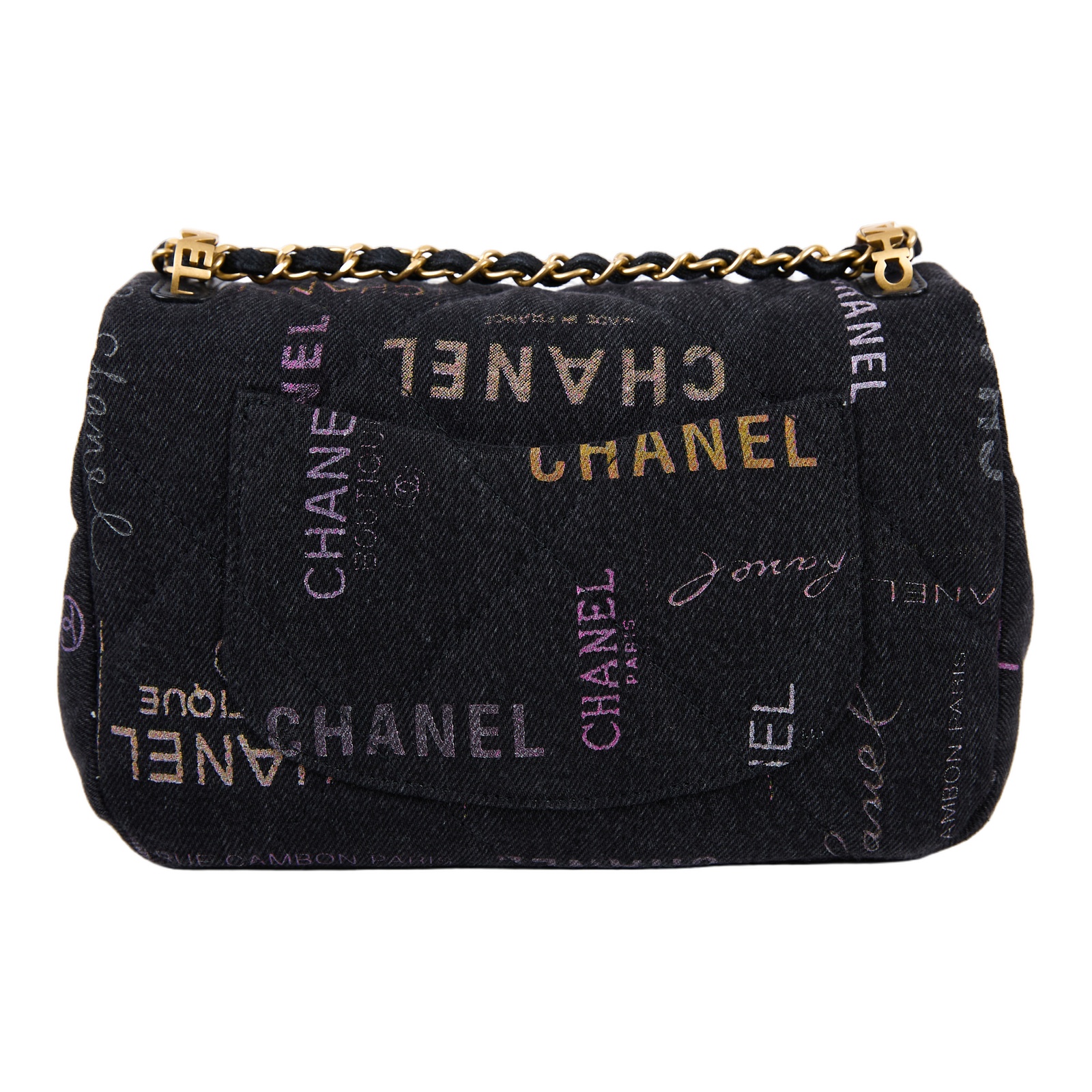 香奈兒 CHANEL 塗鴉 丹寧 肩背 斜背 口蓋包 AS3135_DENIM 黑LOGO丹寧口蓋鏈帶包 防塵袋