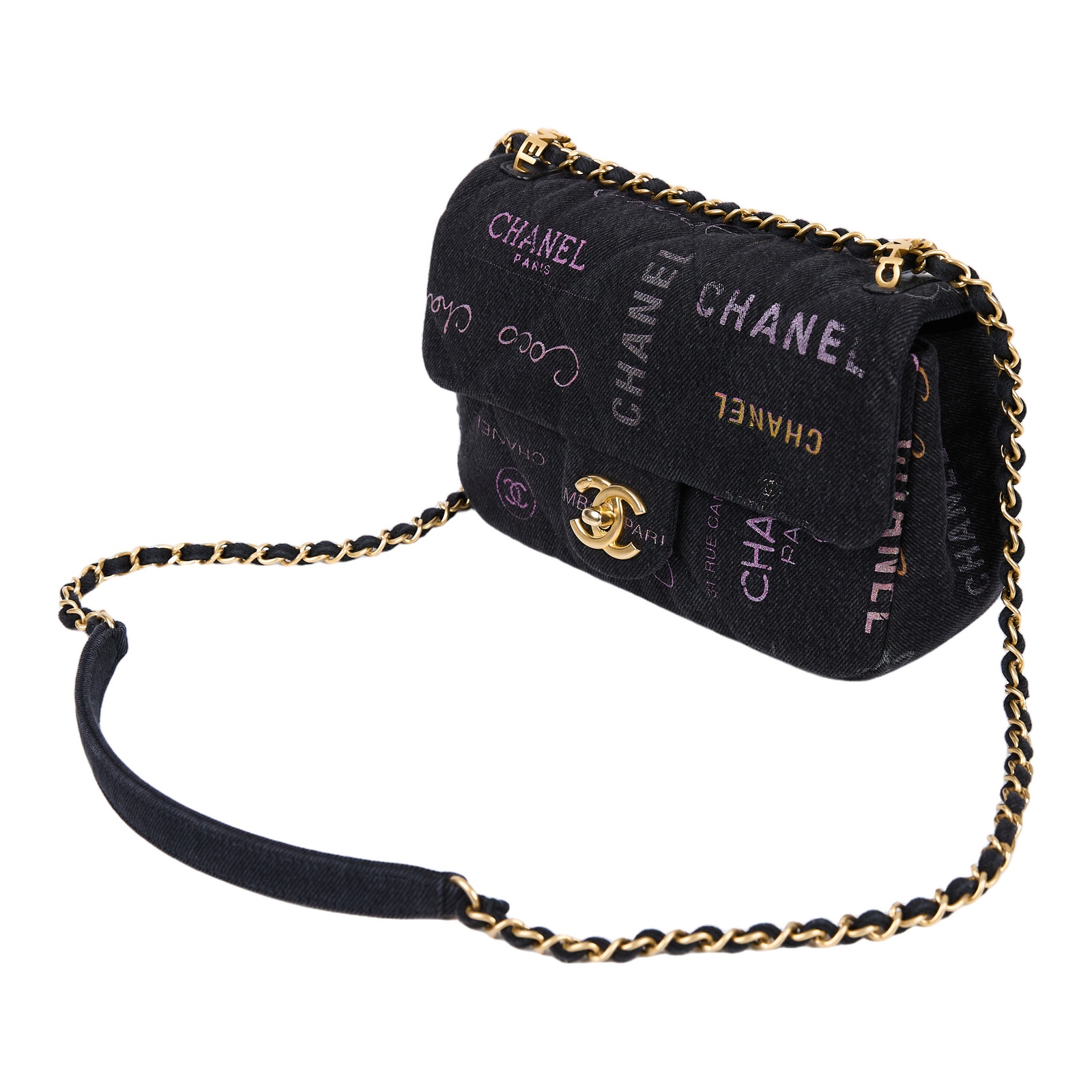 香奈兒 CHANEL 塗鴉 丹寧 肩背 斜背 口蓋包 AS3135_DENIM 黑LOGO丹寧口蓋鏈帶包 防塵袋