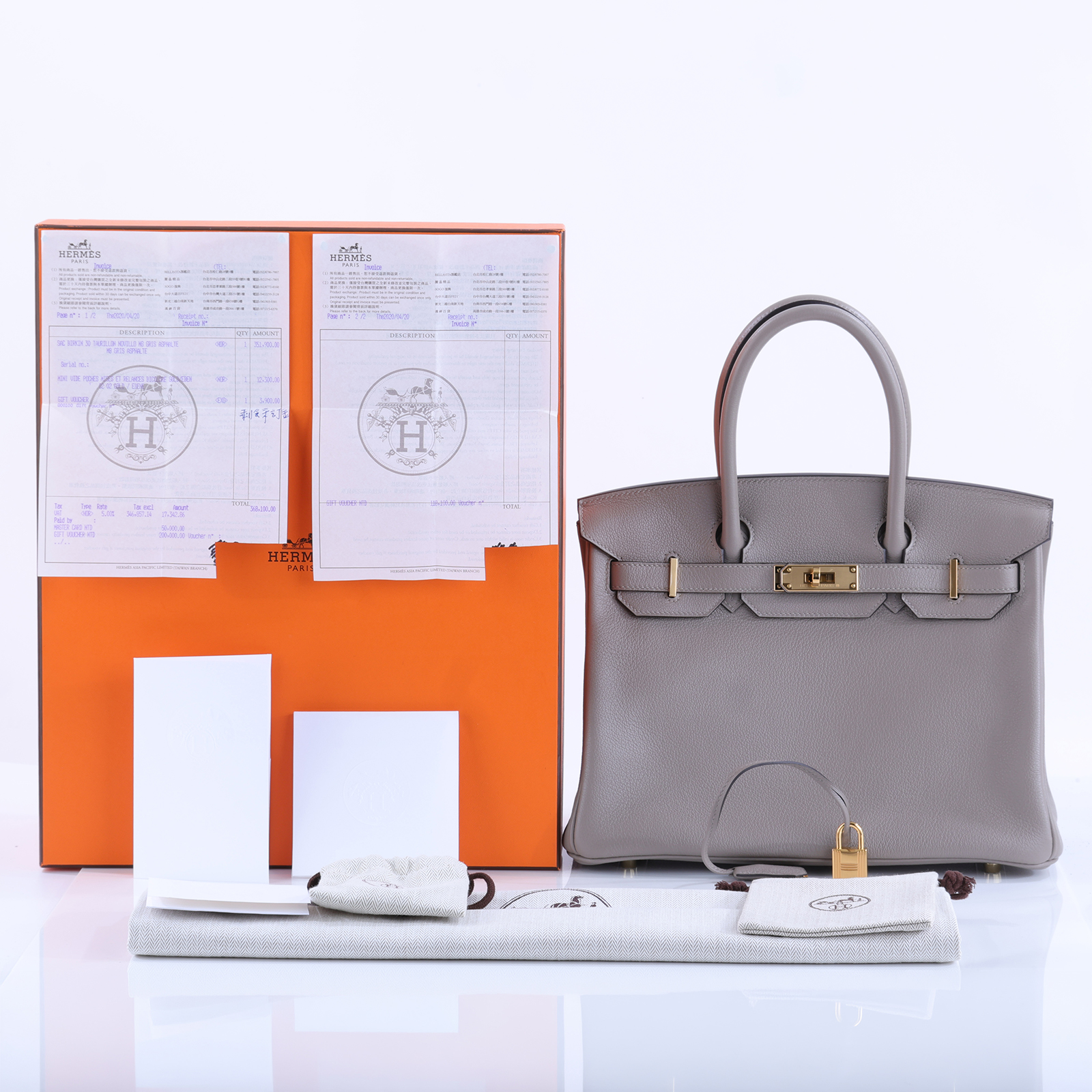 愛馬仕 Hermes Birkin Bag 柏金包 30 金色五金 瀝青灰色 H073437CCM8 /M8  原廠盒子/防塵袋/鎖組/購買證明正本/雨衣