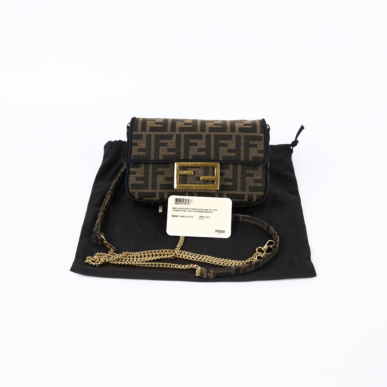 芬迪 FENDI Baguette  8BS017A6V5 棕FF迷你法棍包 防塵袋/背帶