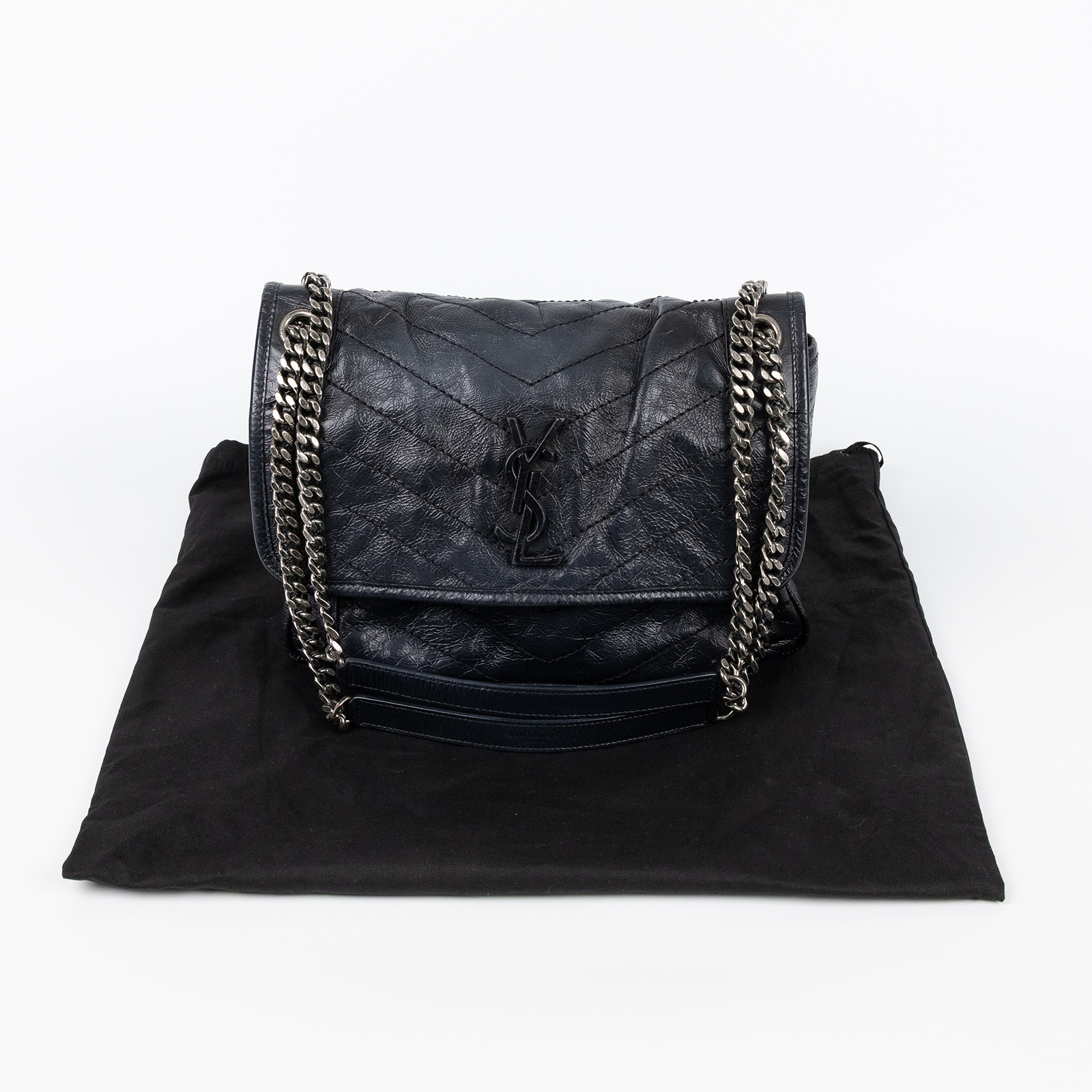 聖羅蘭 YSL SAINT LAURENT NIKI  復古皮革 山型紋 翻蓋 肩背包 中型 4988940EN04 黑NIKI中號 防塵袋