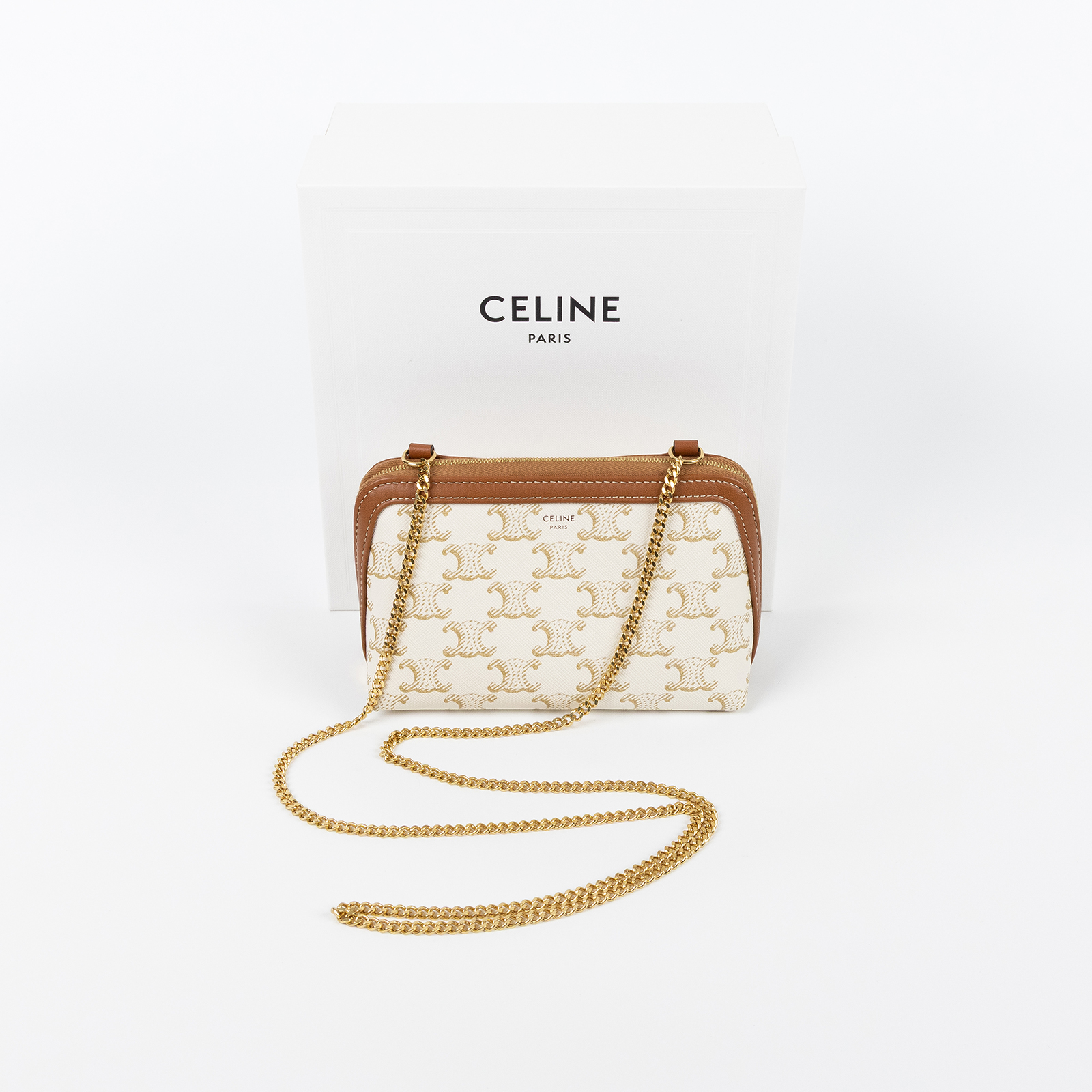 思琳 CELINE 標誌印花飾鍊 手提包 10E382CBX 米白凱旋門鏈條貝殼包 原廠盒子
