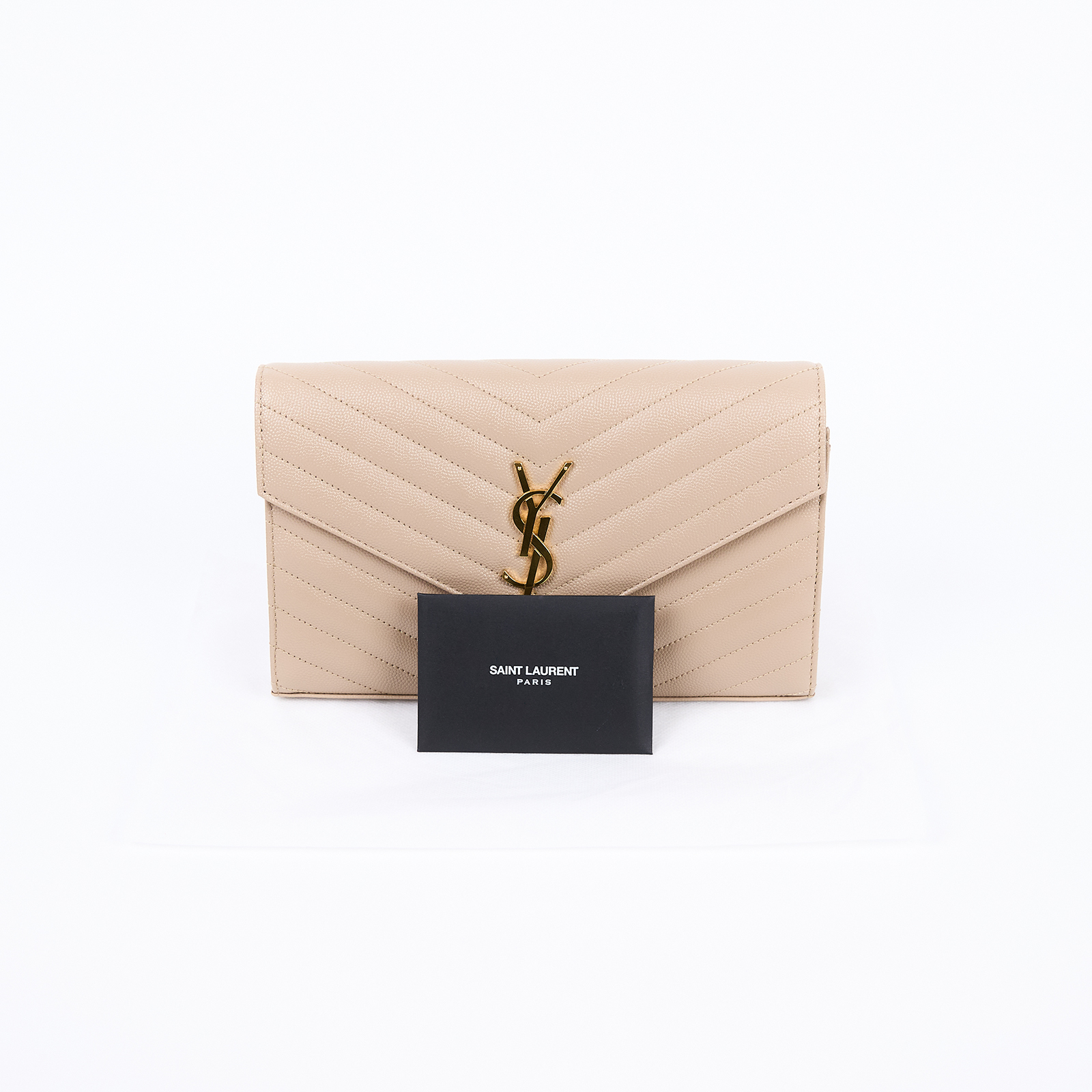 聖羅蘭 YSL SAINT LAURENT Cassandre 經典粒面皮革 鏈條 錢包 金色五金 377828BOW01 米色WOC 大 保證卡