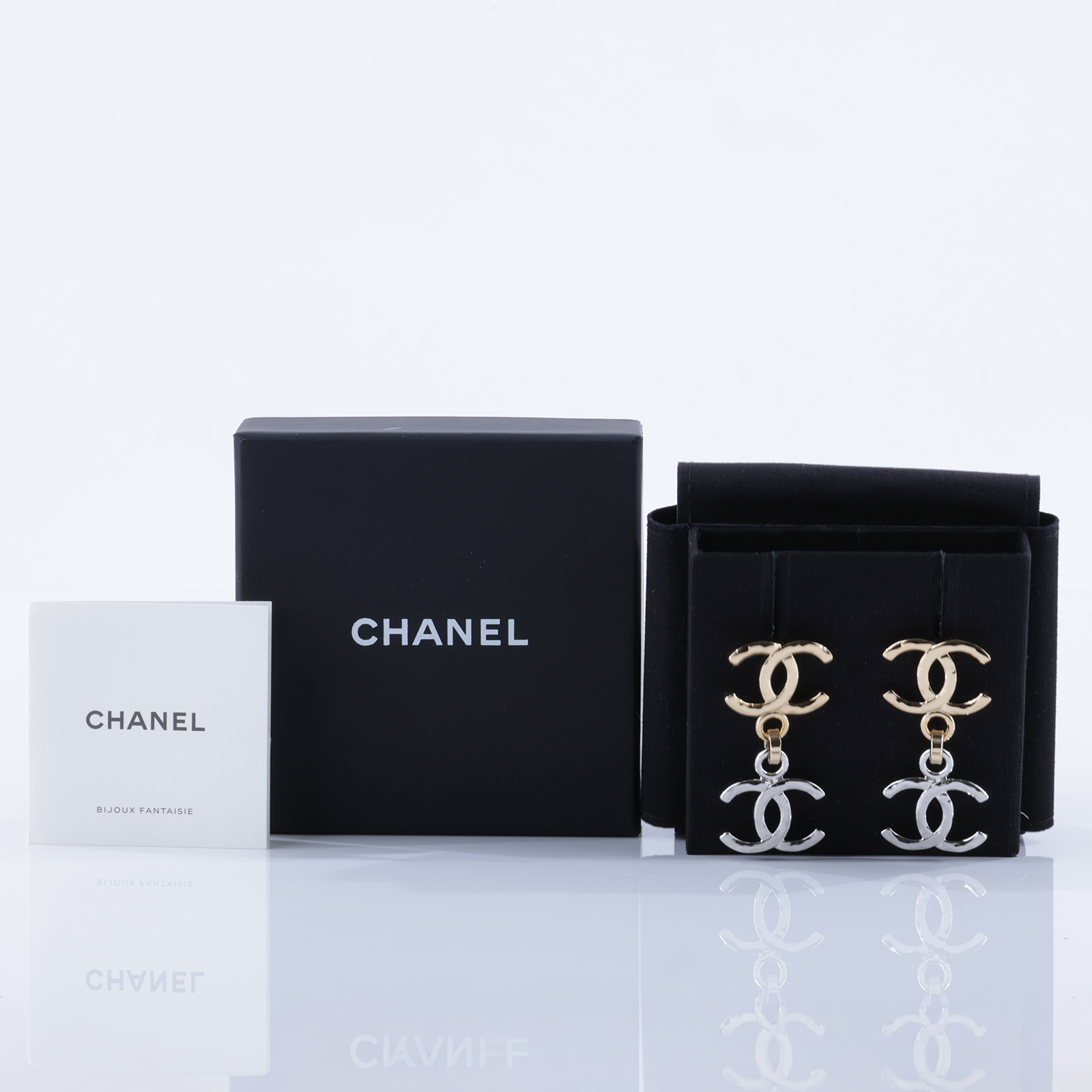香奈兒 CHANEL 耳環 耳釘 ABH223 B23570B26P 金銀雙C垂墜耳環 原廠盒子/內襯