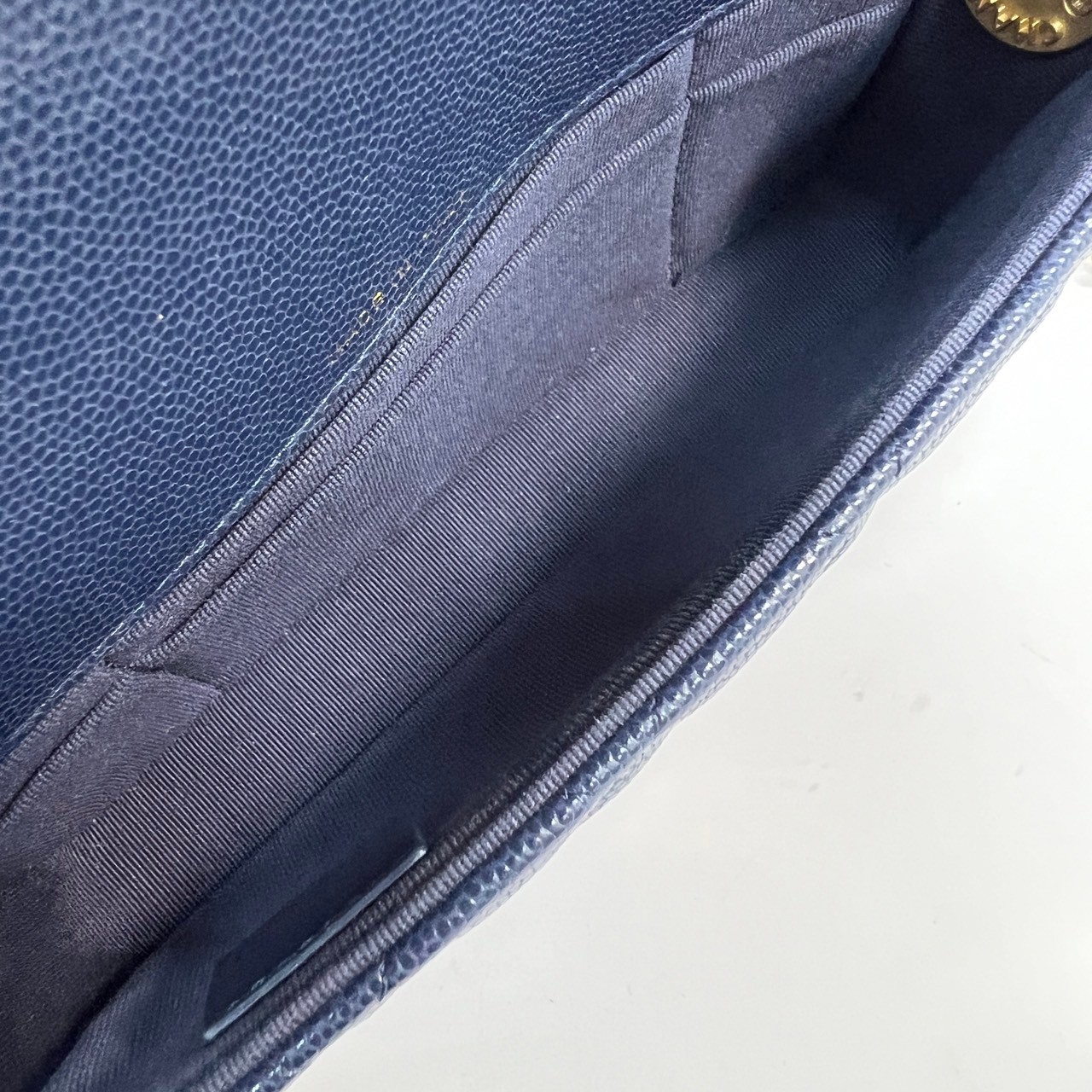 香奈兒 CHANEL cc logo 晚宴包 口蓋包  晶片款 藍荔枝金幣長型鍊包 原廠盒子/防塵袋