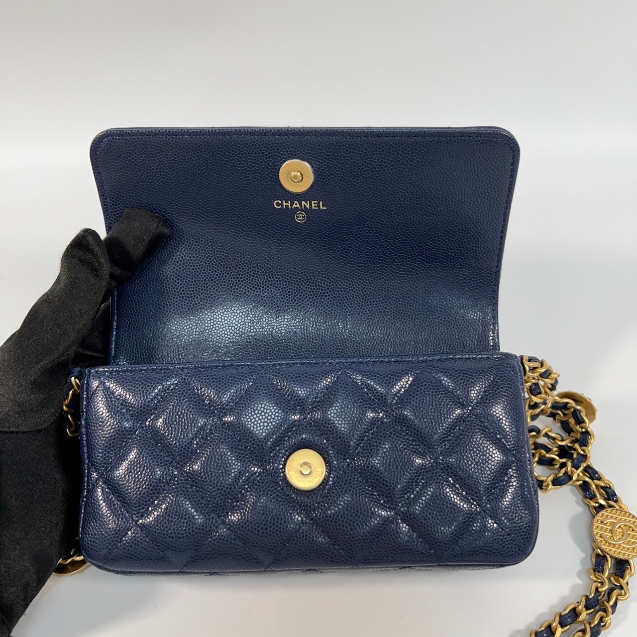 香奈兒 CHANEL cc logo 晚宴包 口蓋包  晶片款 藍荔枝金幣長型鍊包 原廠盒子/防塵袋