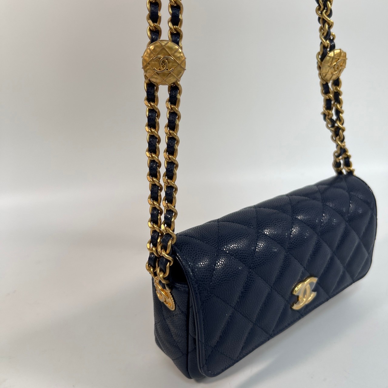 香奈兒 CHANEL cc logo 晚宴包 口蓋包  晶片款 藍荔枝金幣長型鍊包 原廠盒子/防塵袋