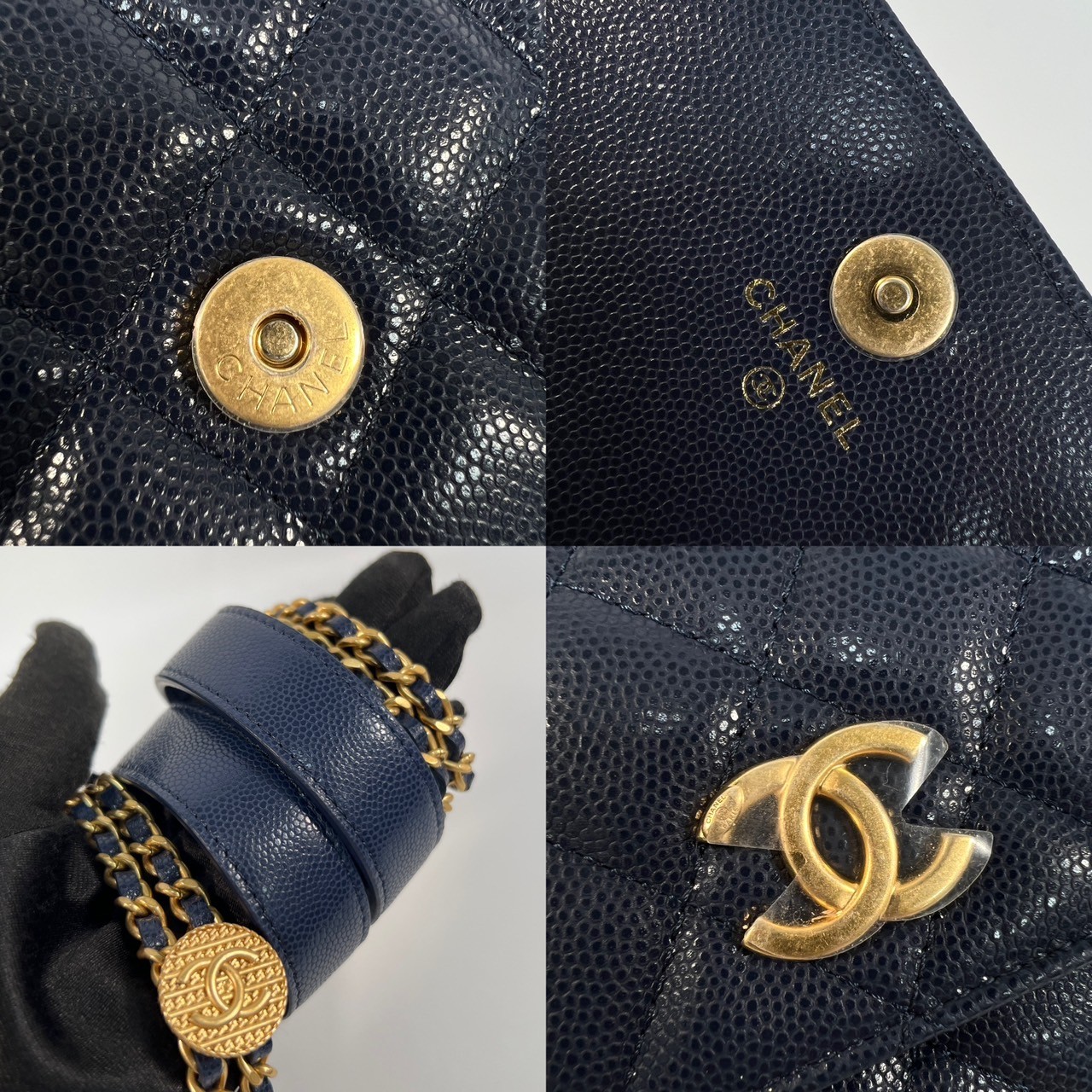 香奈兒 CHANEL cc logo 晚宴包 口蓋包  晶片款 藍荔枝金幣長型鍊包 原廠盒子/防塵袋