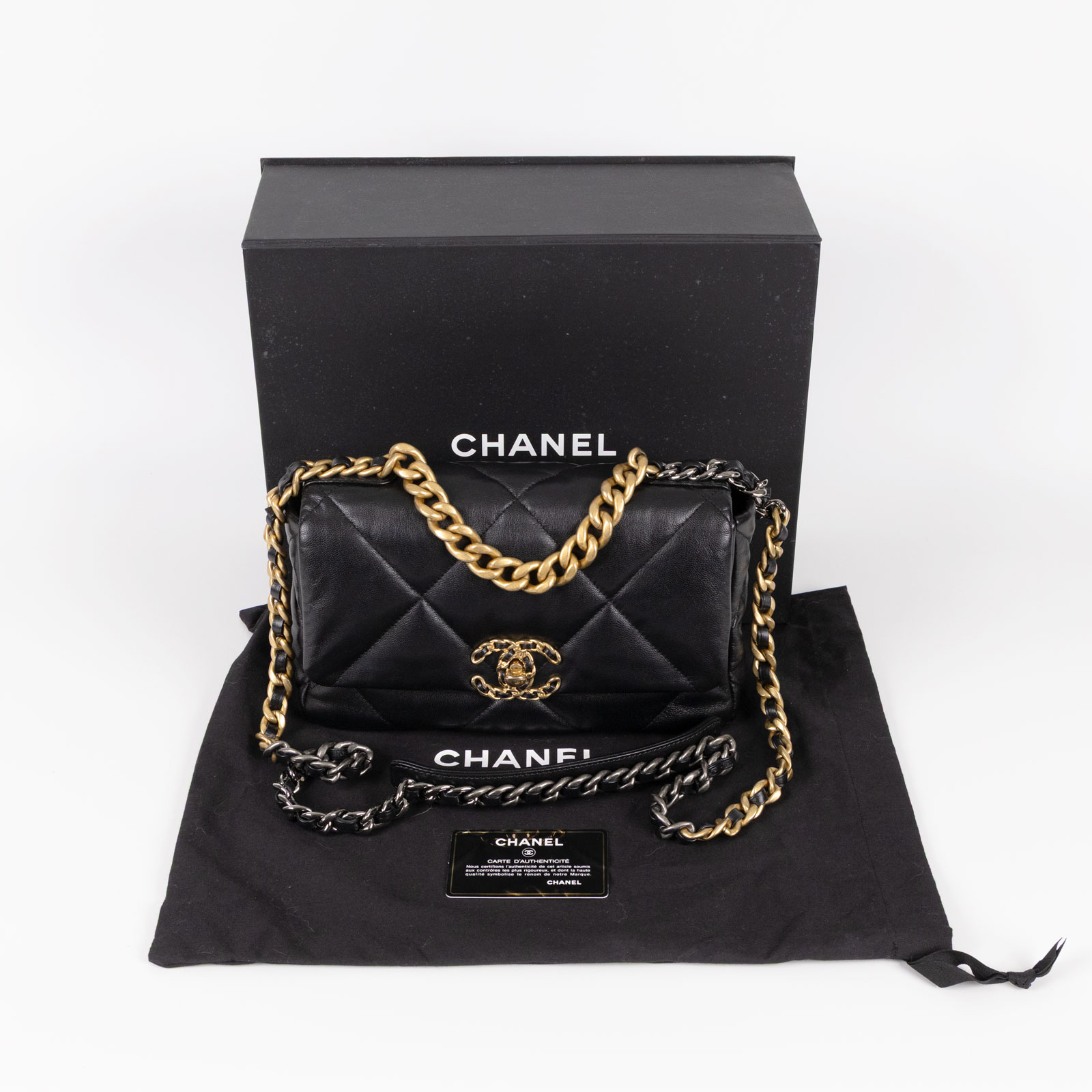 香奈兒 CHANEL 19 口蓋包 菱格紋 金銀鍊帶 手提 肩背包 AS1160 30開黑羊19包 26CM 原廠盒子/防塵袋/保證卡