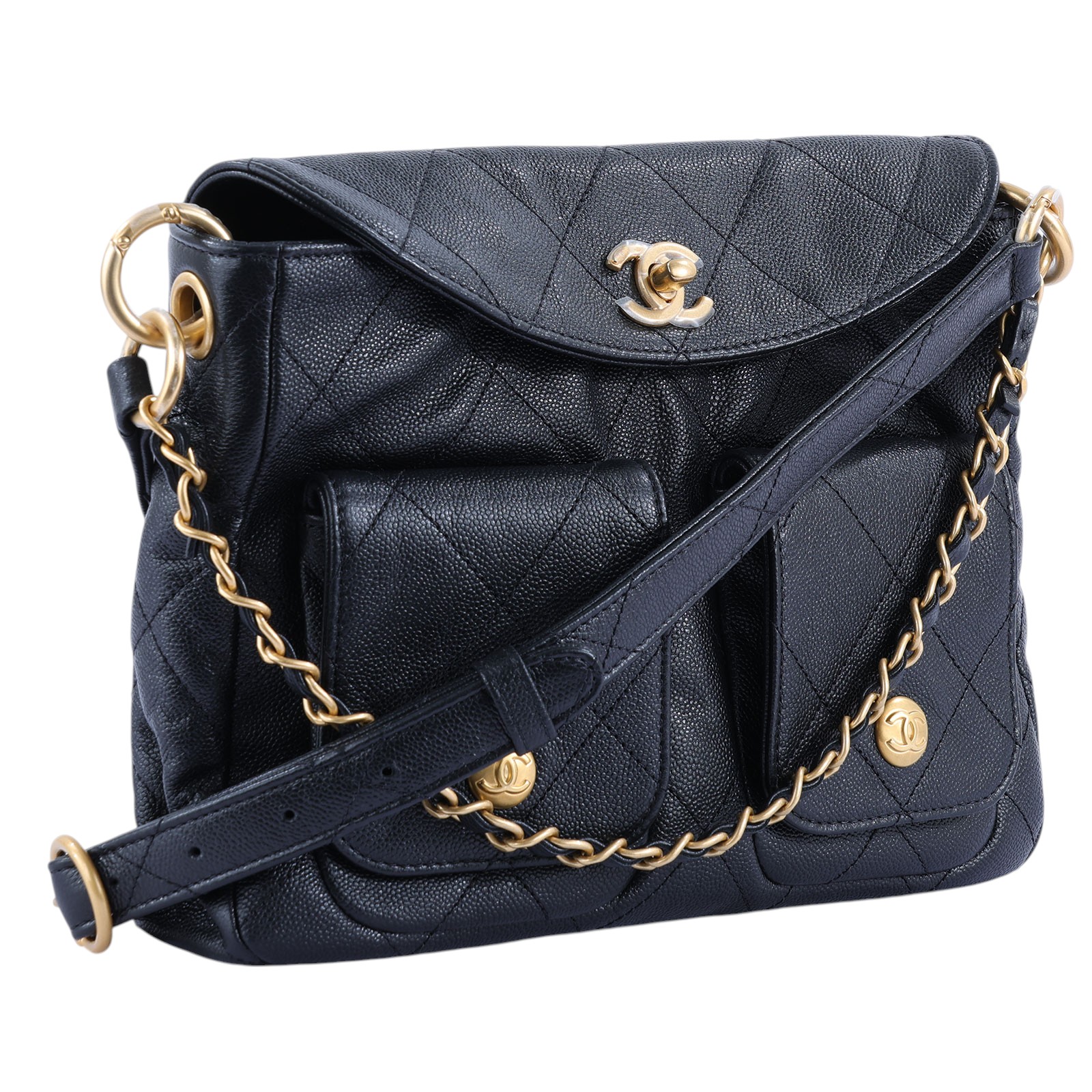 香奈兒 CHANEL 流浪包 雙口袋 郵差包  晶片款 黑金荔枝雙口袋鍊包 防塵袋/原廠盒子