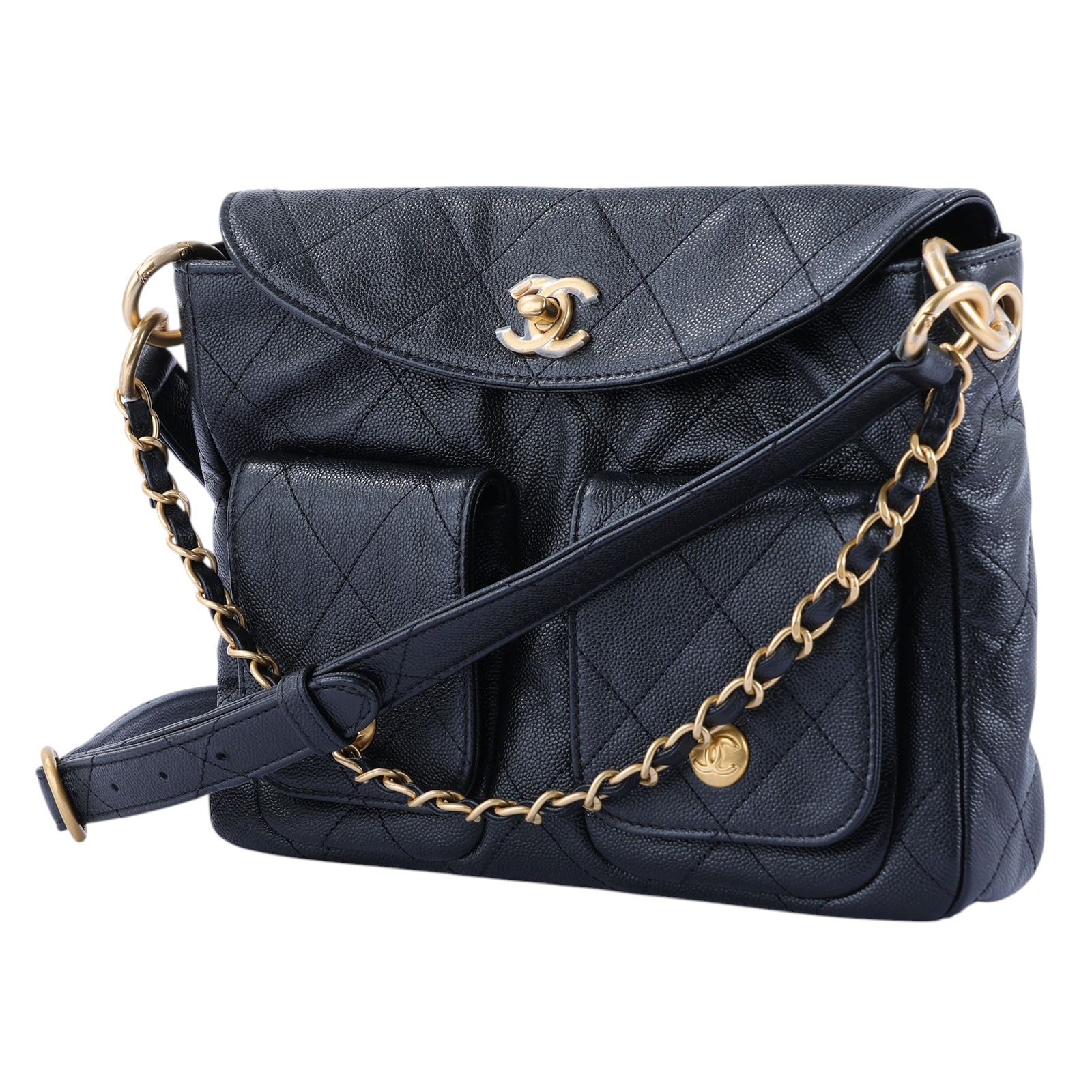 香奈兒 CHANEL 流浪包 雙口袋 郵差包  晶片款 黑金荔枝雙口袋鍊包 防塵袋/原廠盒子