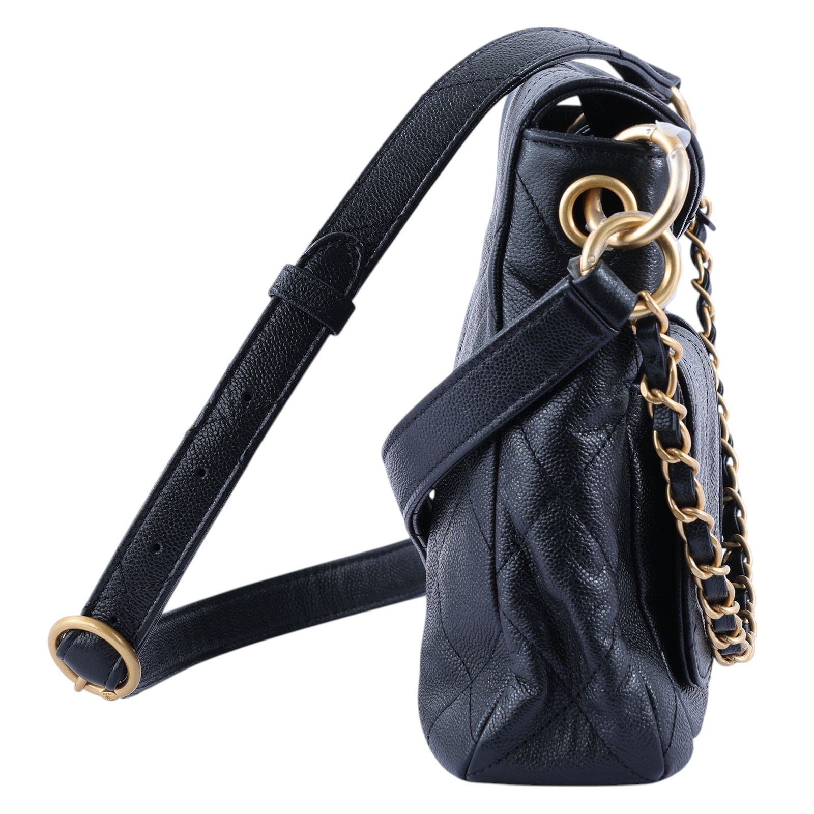 香奈兒 CHANEL 流浪包 雙口袋 郵差包  晶片款 黑金荔枝雙口袋鍊包 防塵袋/原廠盒子