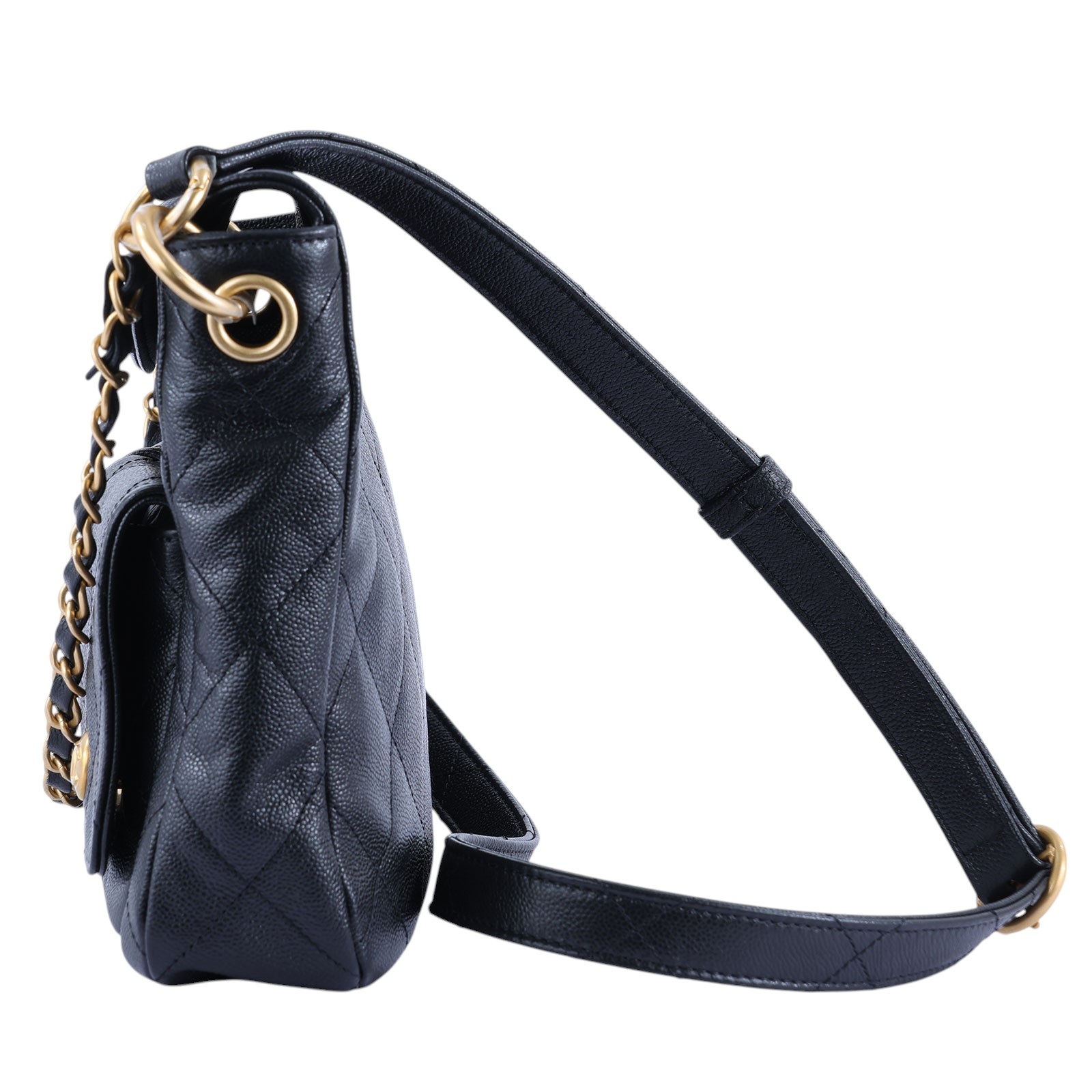 香奈兒 CHANEL 流浪包 雙口袋 郵差包  晶片款 黑金荔枝雙口袋鍊包 防塵袋/原廠盒子