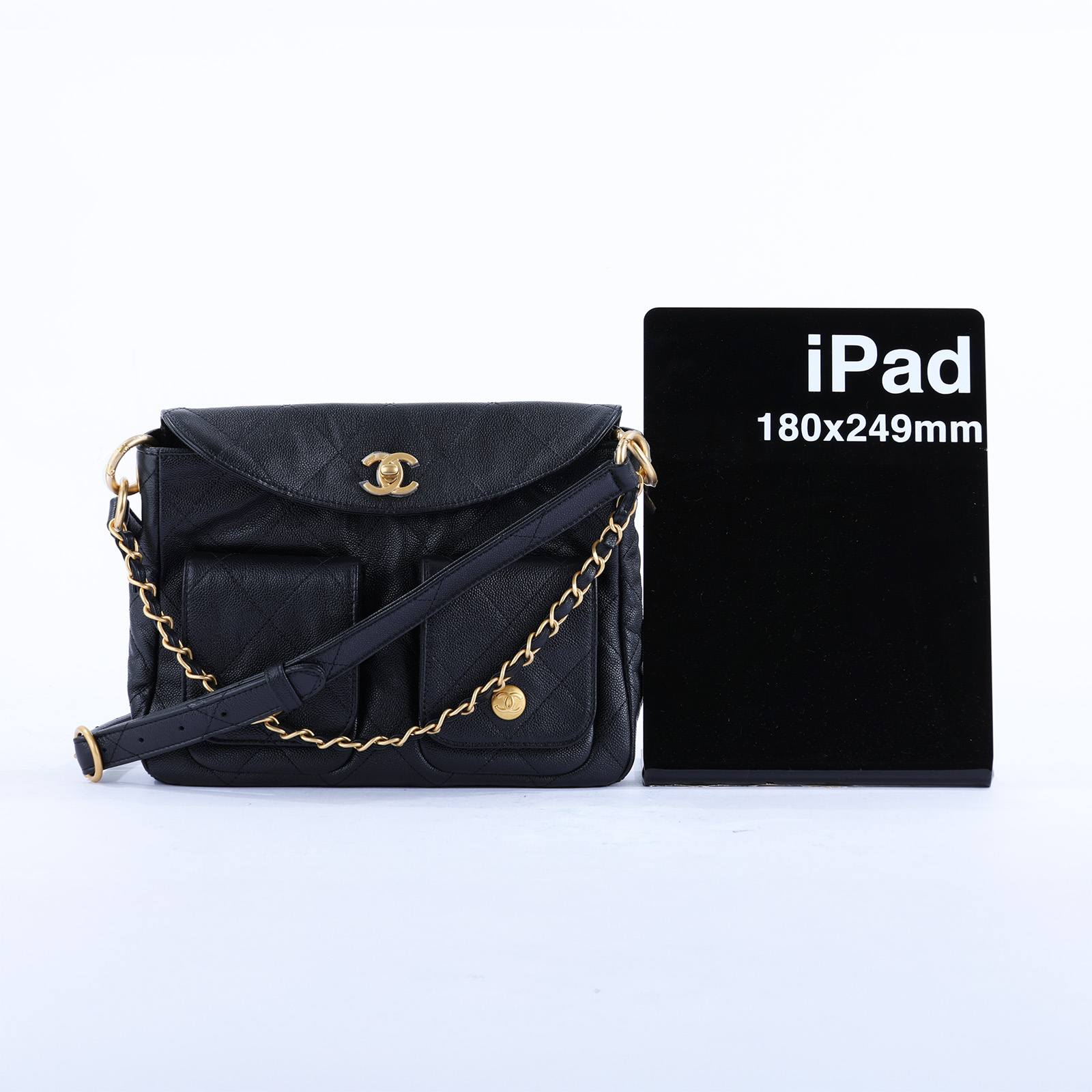 香奈兒 CHANEL 流浪包 雙口袋 郵差包  晶片款 黑金荔枝雙口袋鍊包 防塵袋/原廠盒子