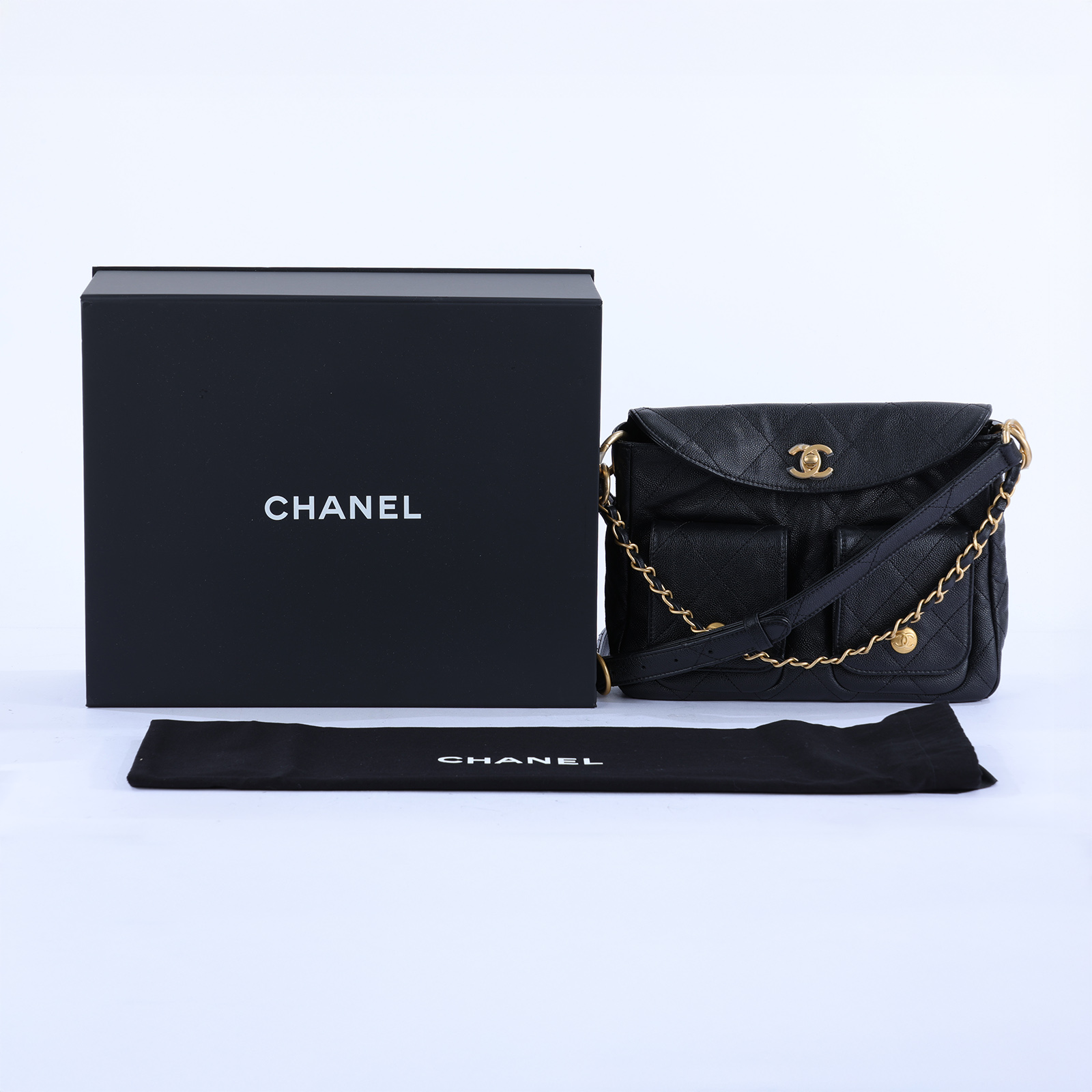 香奈兒 CHANEL 流浪包 雙口袋 郵差包  晶片款 黑金荔枝雙口袋鍊包 防塵袋/原廠盒子