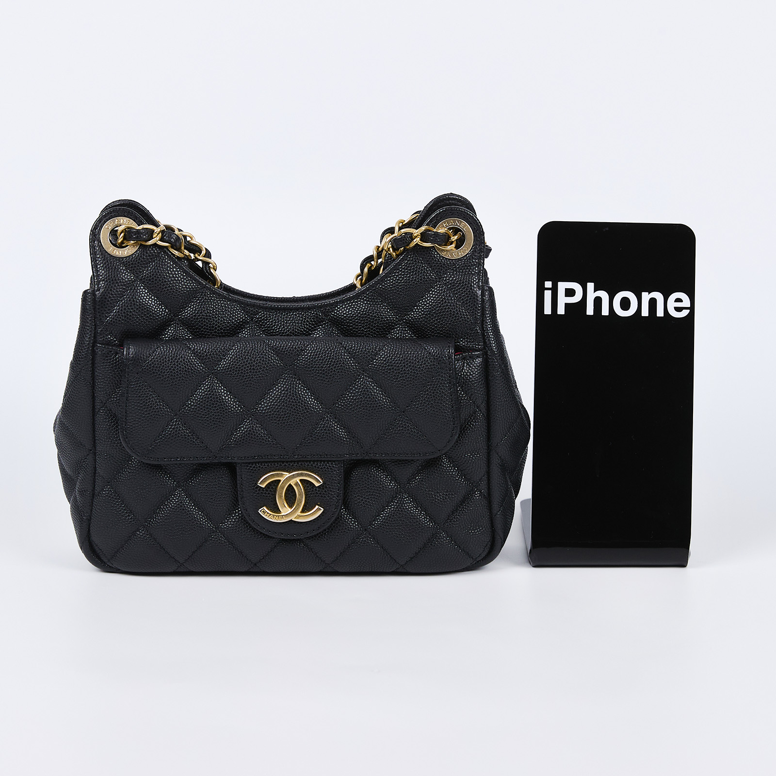 香奈兒 CHANEL 流浪包 Hobo Bag CC LOGO 斜背包 AS3710 晶片款 黑金油蠟皮天貓精靈 小號 原廠盒子/防塵袋/購買證明