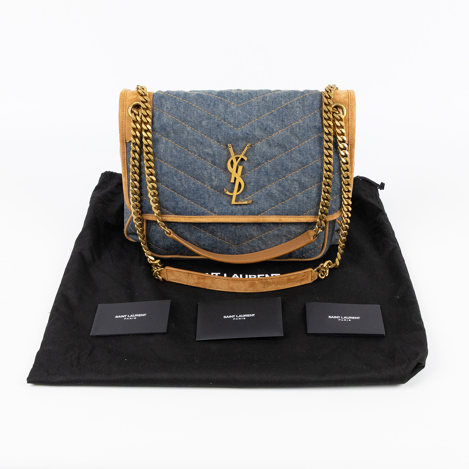 聖羅蘭 YSL SAINT LAURENT Niki 復古皮革 中型手袋 丹寧 6331842PT67 牛仔NIKI 中號 防塵袋