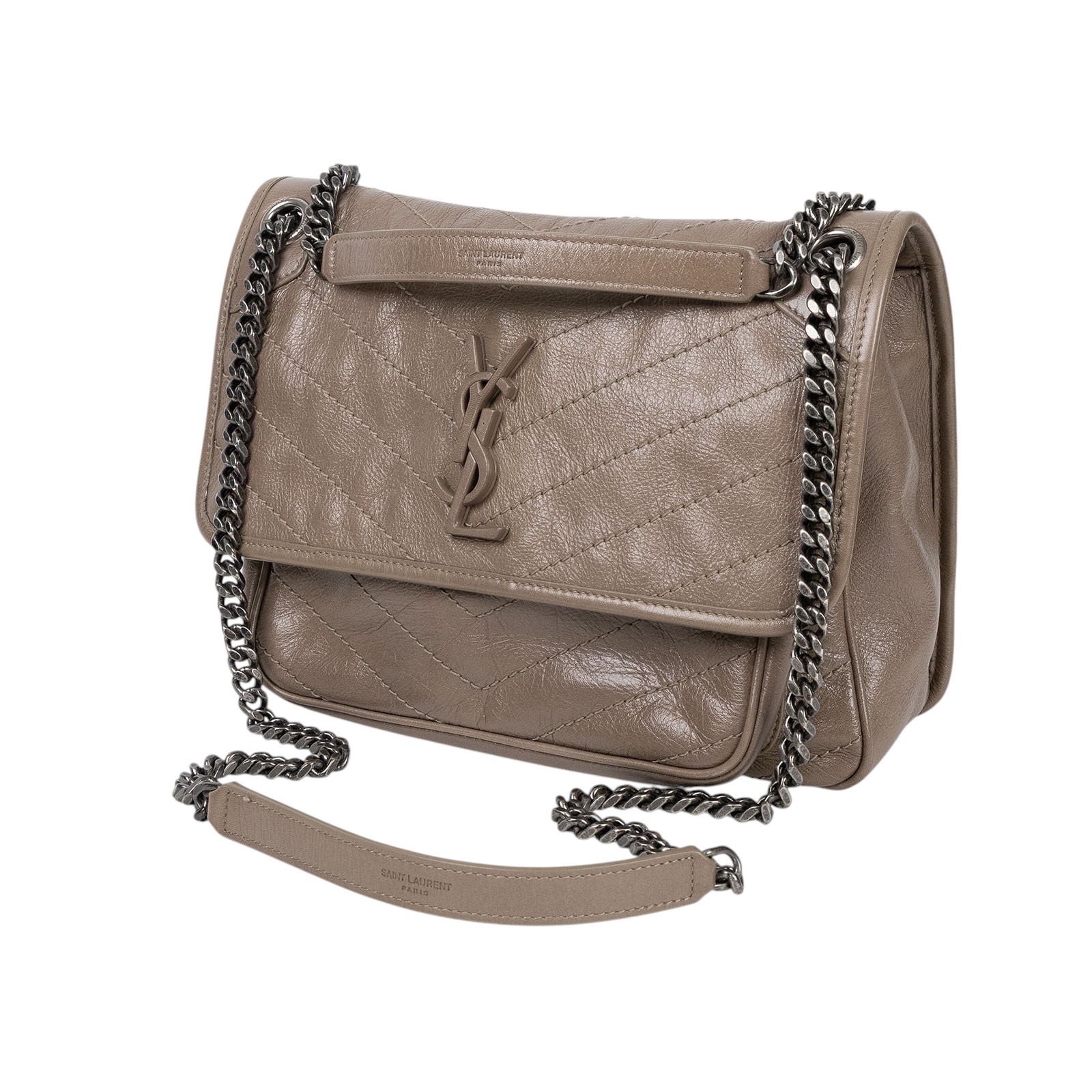 聖羅蘭 YSL SAINT LAURENT Niki 復古皮革 中型手袋 銀色五金 6331580EN04 奶茶色NIKI中號 防塵袋