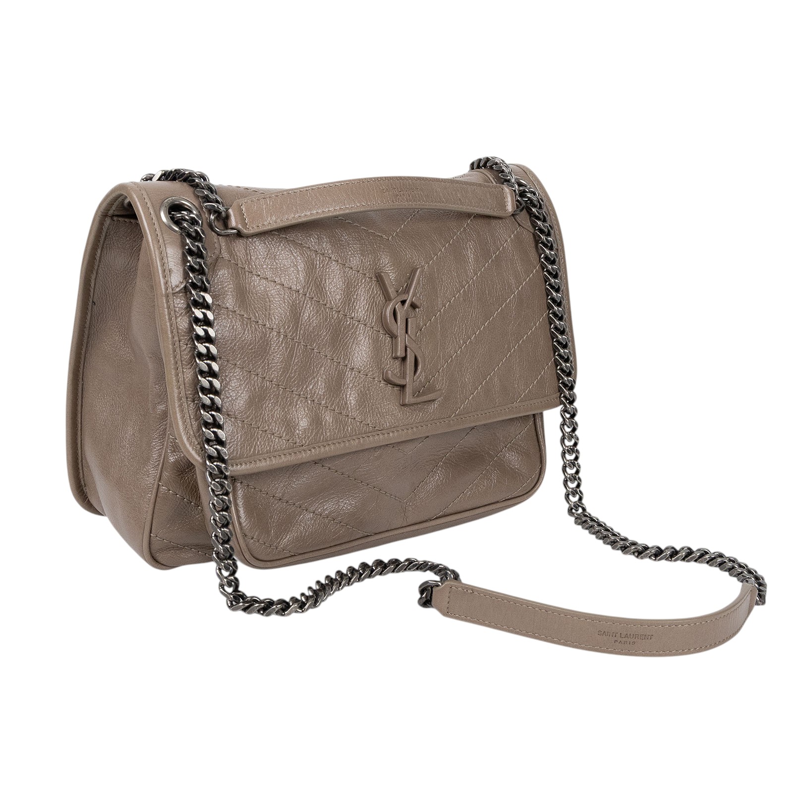 聖羅蘭 YSL SAINT LAURENT Niki 復古皮革 中型手袋 銀色五金 6331580EN04 奶茶色NIKI中號 防塵袋