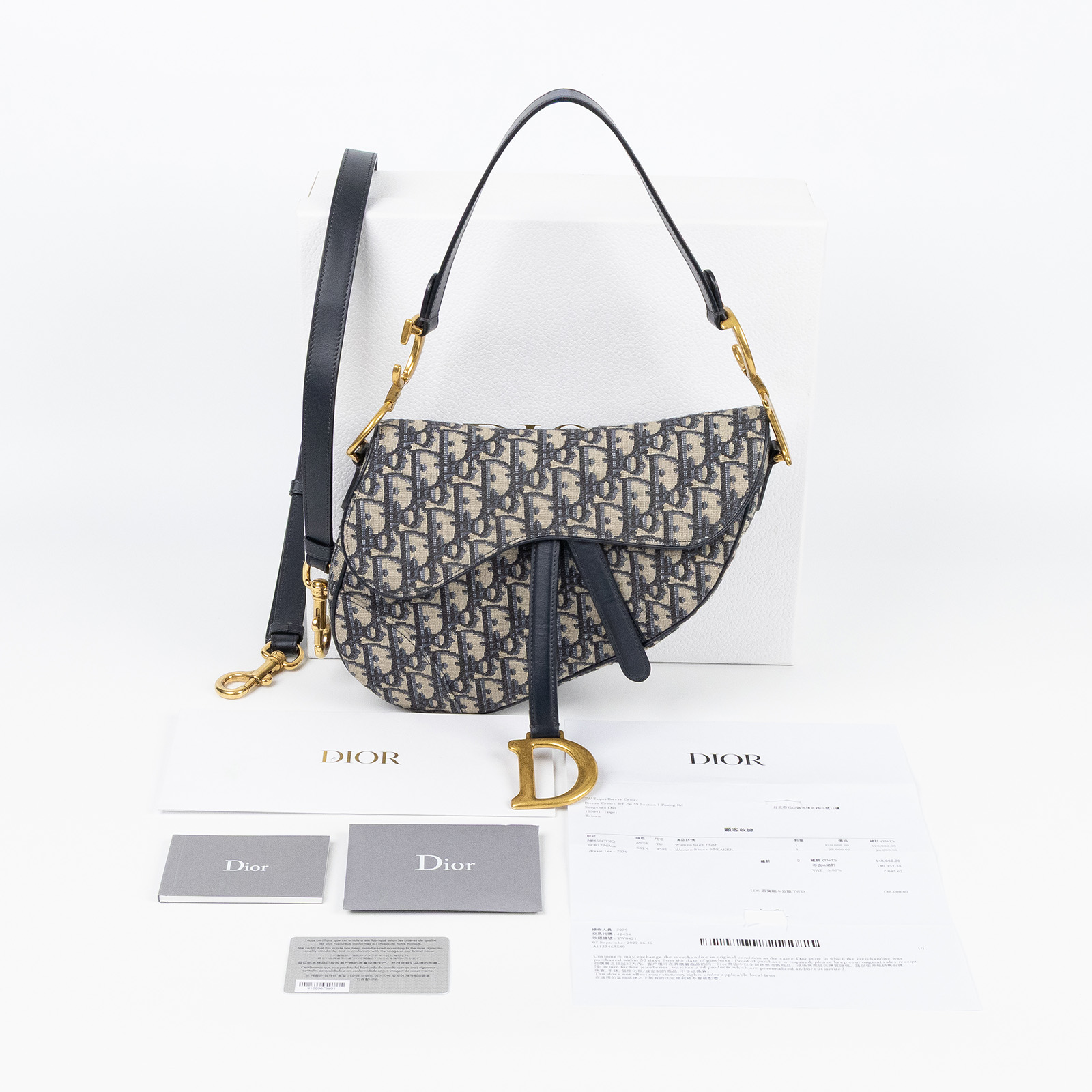 迪奧 CHRISTIAN DIOR Saddle 馬鞍袋 連肩帶 M0455CTZQ 藍緹花Saddle 馬鞍包 原廠盒子/背帶/保證卡/購買證明